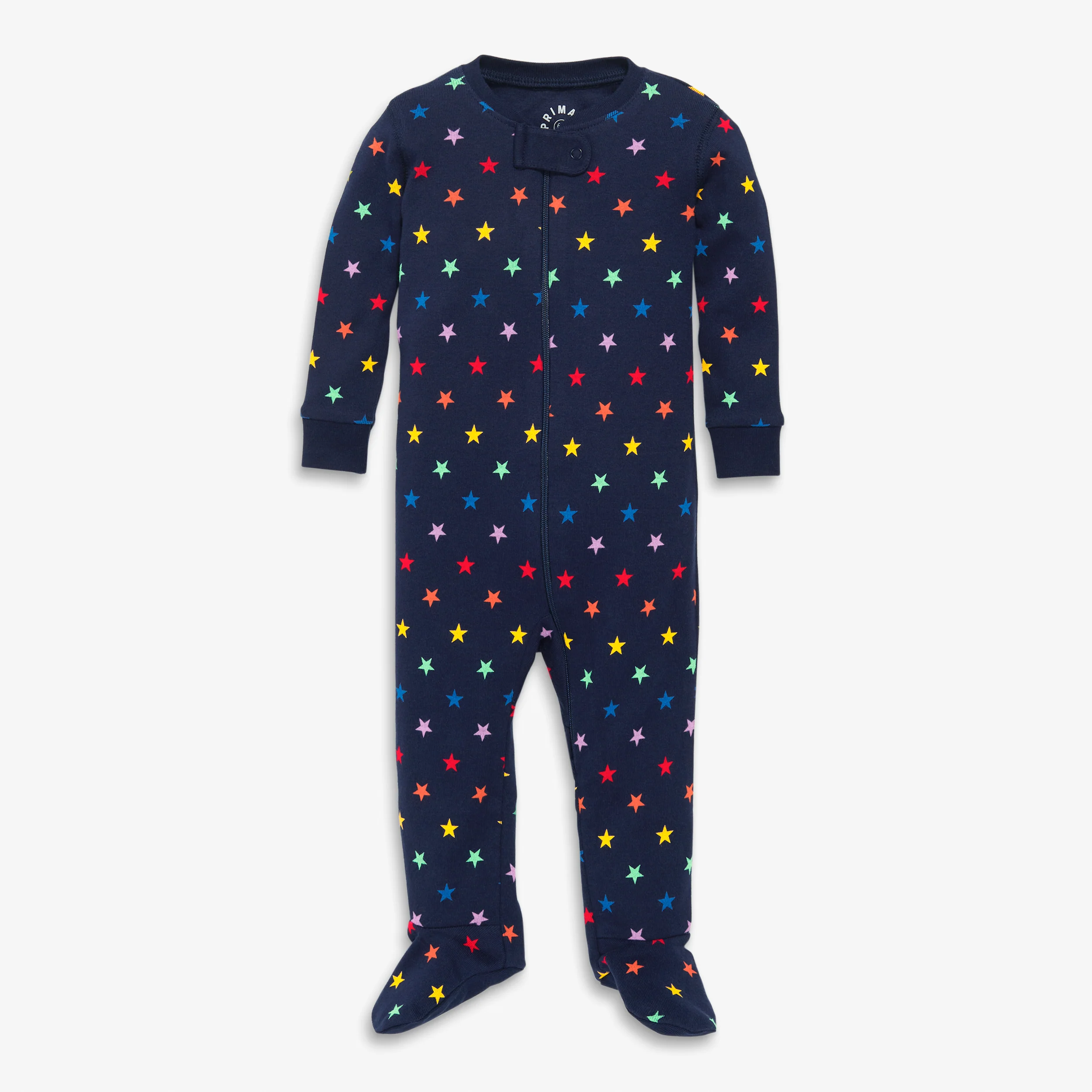 Baby organic zip footie in mini rainbow stars