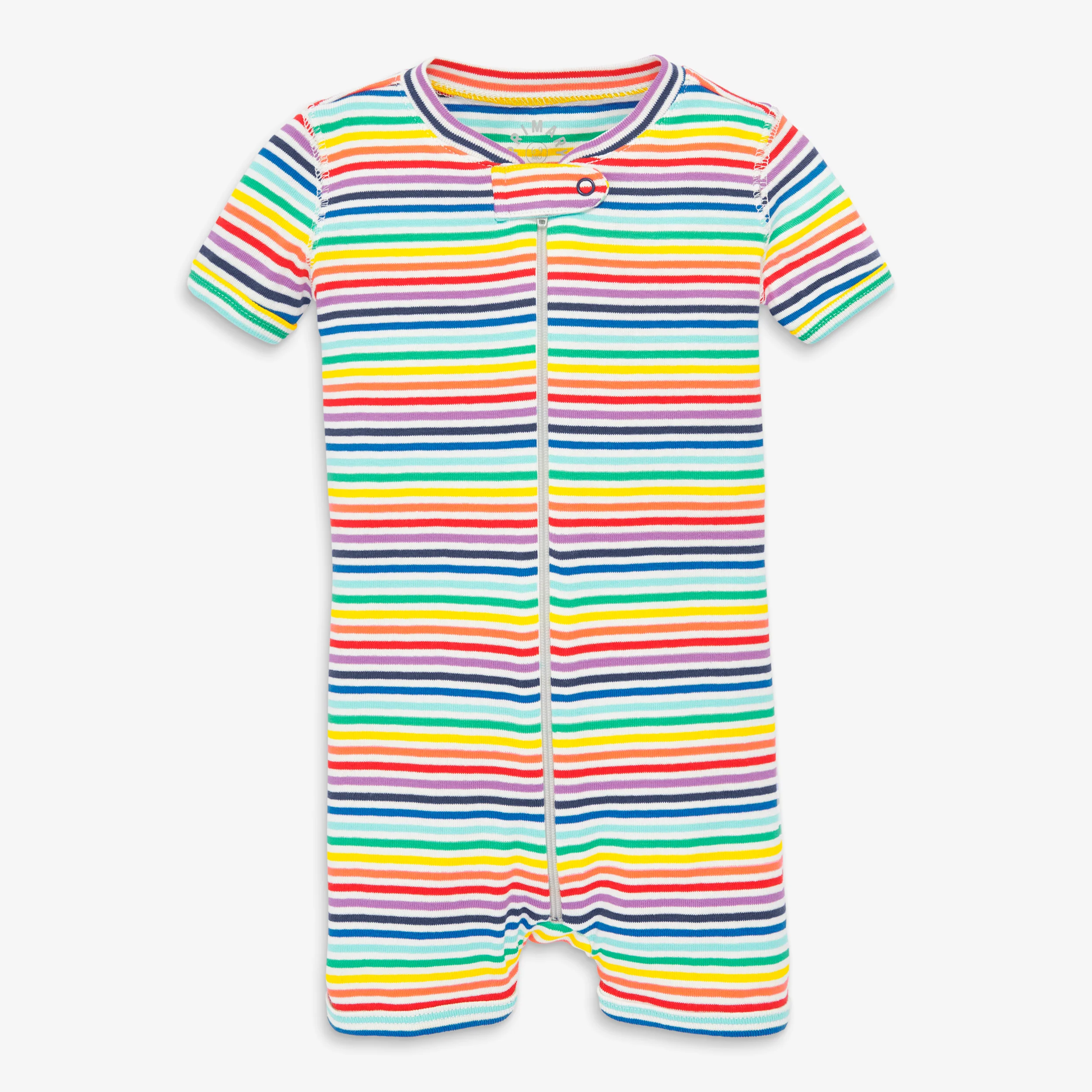 Baby organic short sleeve zip romper in rainbow mini stripe