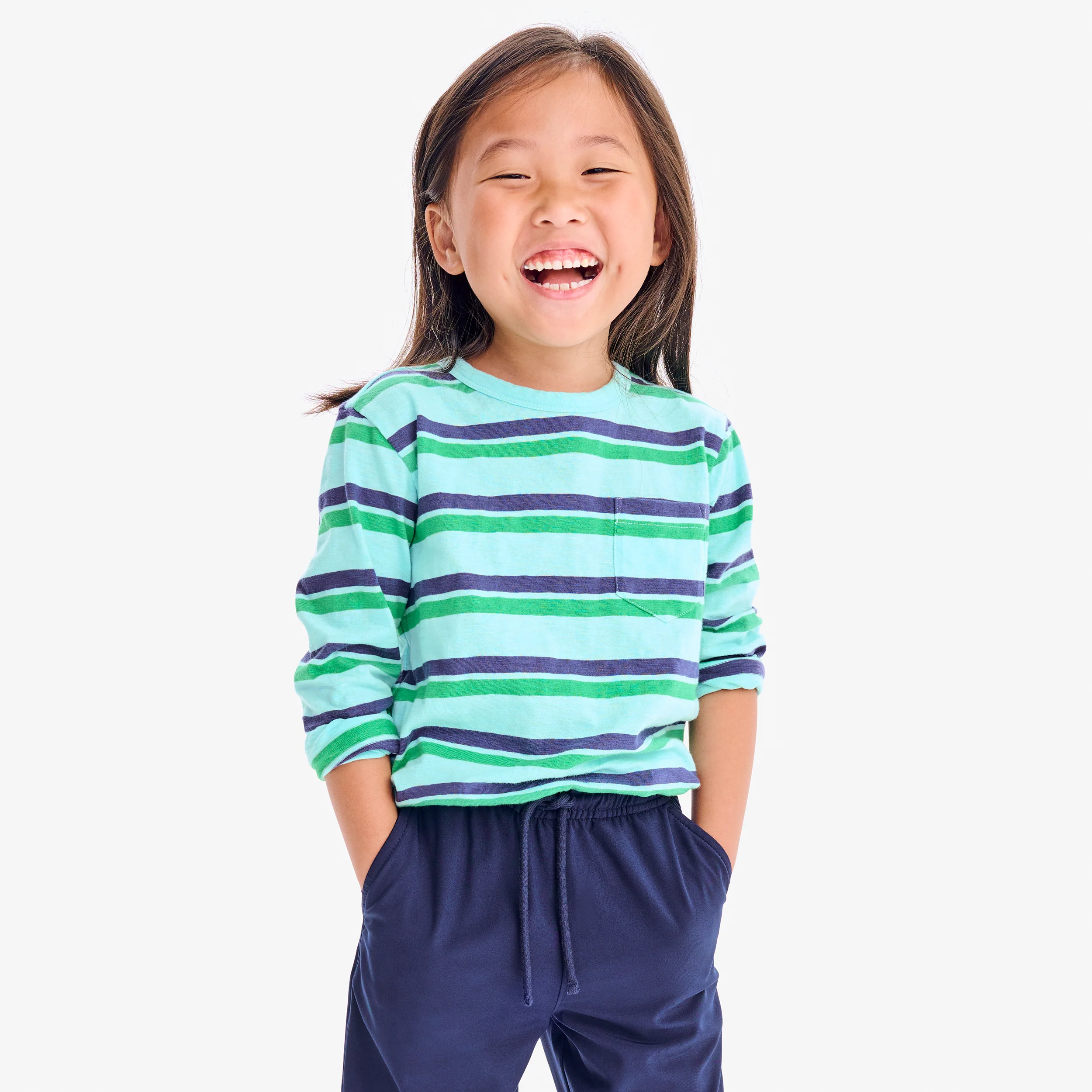 Kids long sleeve slub pocket tee in double stripe