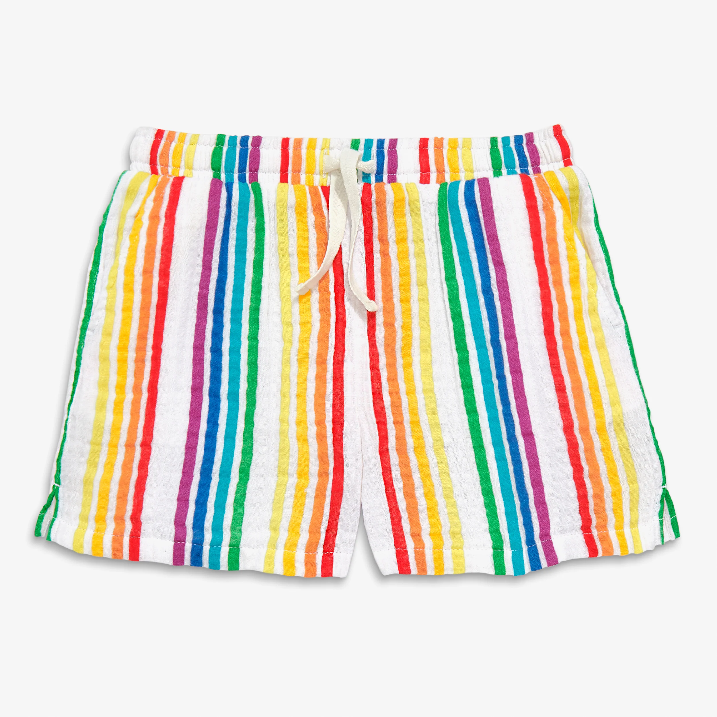 Kids cotton gauze beach short in mini rainbow stripe