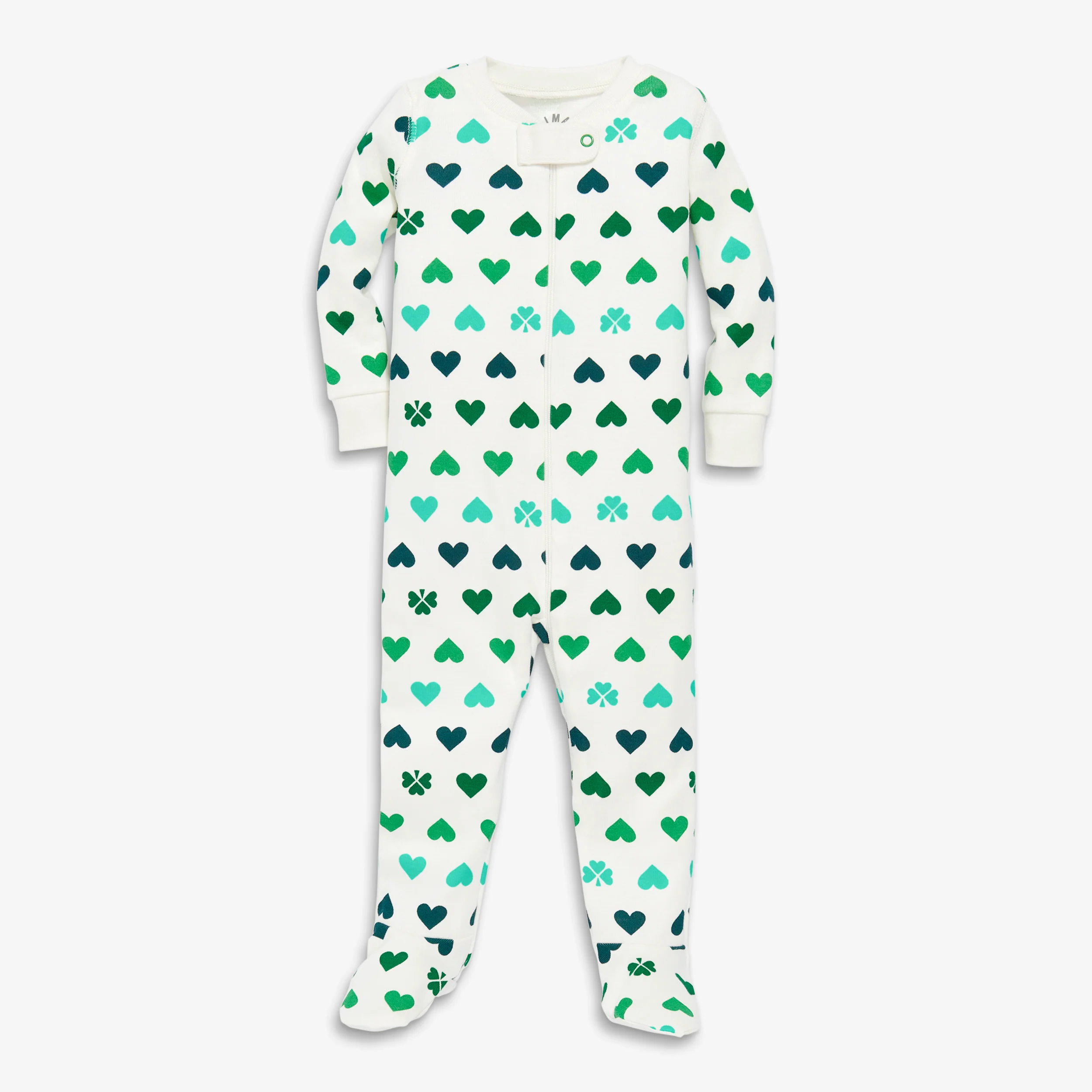 Baby organic zip footie in lucky clovers