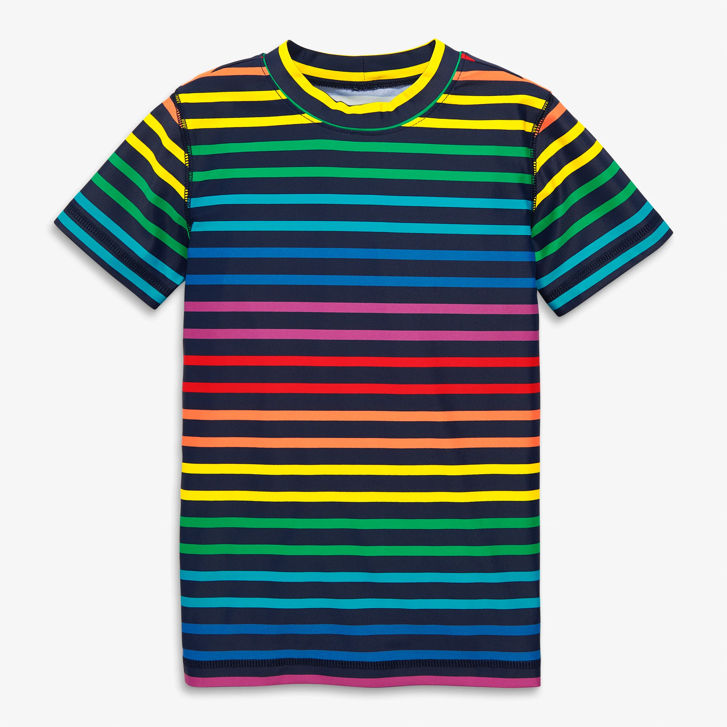 Kids short sleeve rash guard in double rainbow stripe