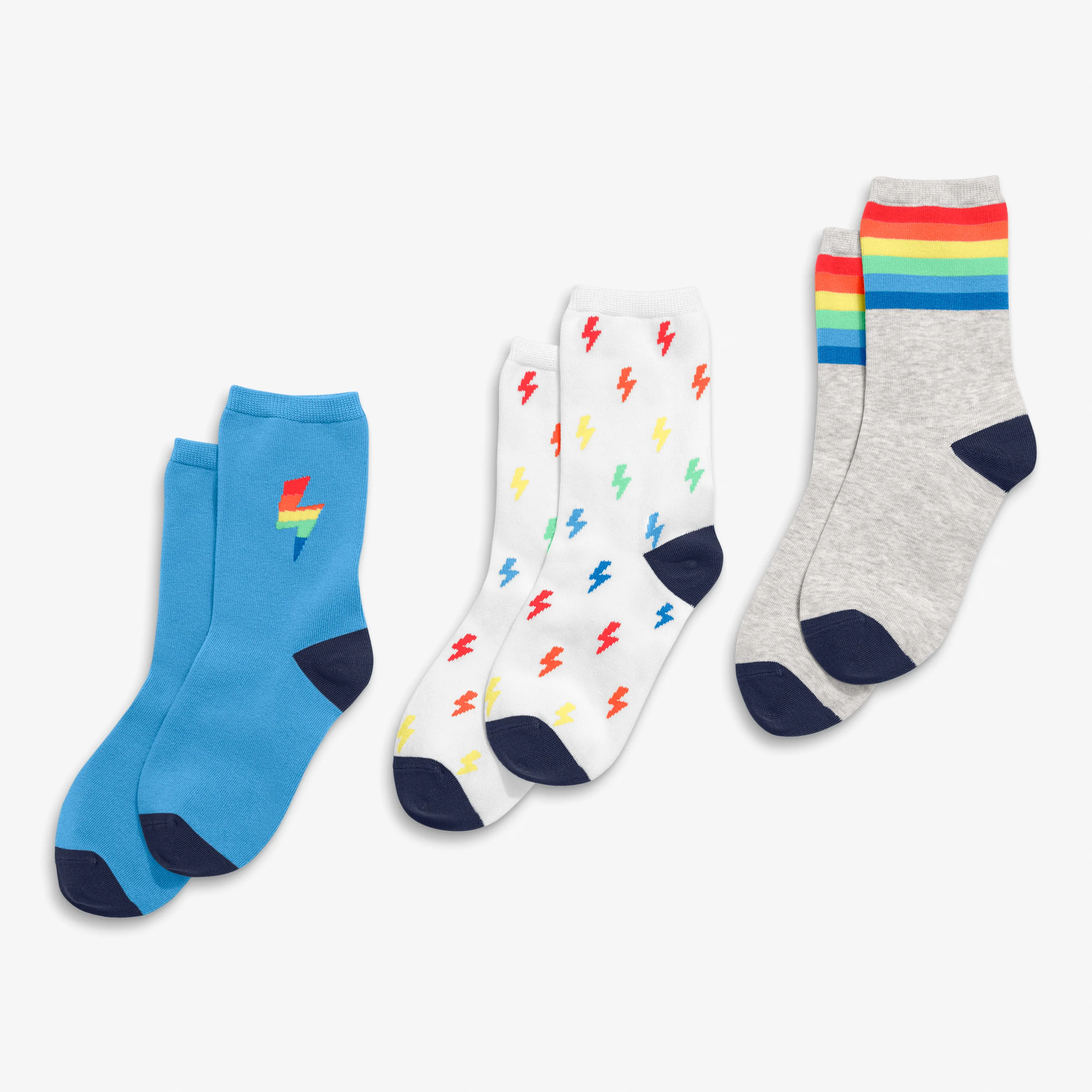 Kids crew sock 3-pack in rainbow bolt mix