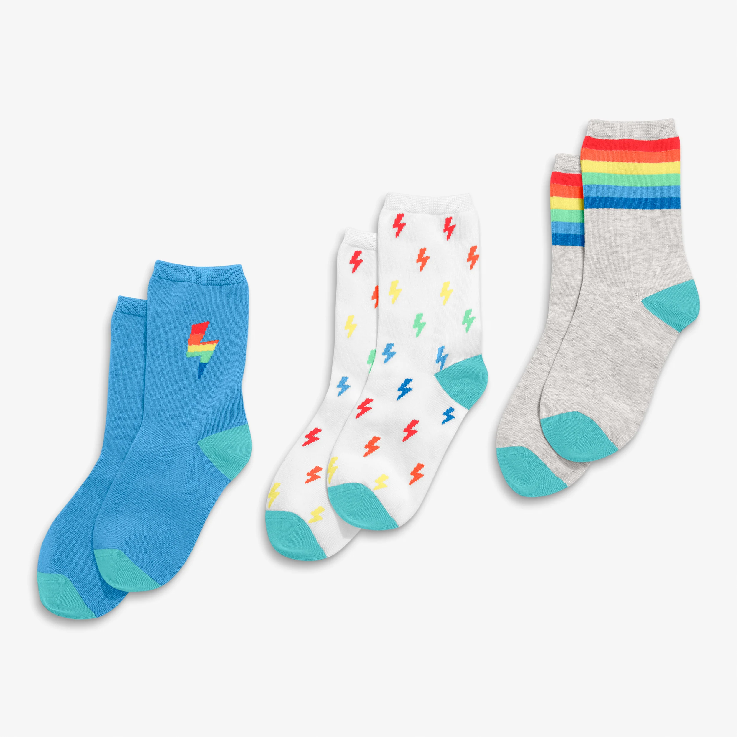Kids crew sock 3-pack in rainbow bolt mix