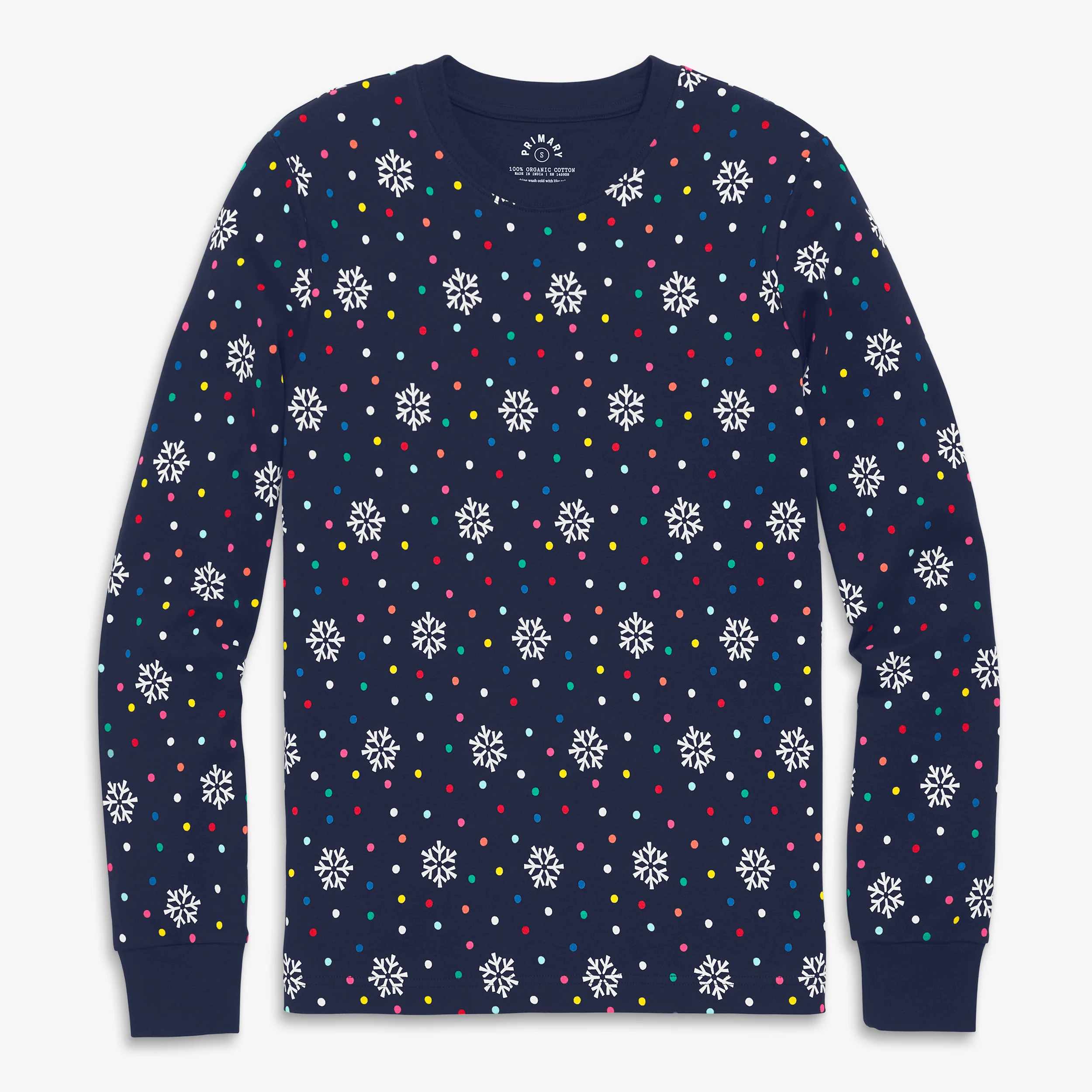 Adult organic long sleeve pj top in rainbow snow day (unisex fit)