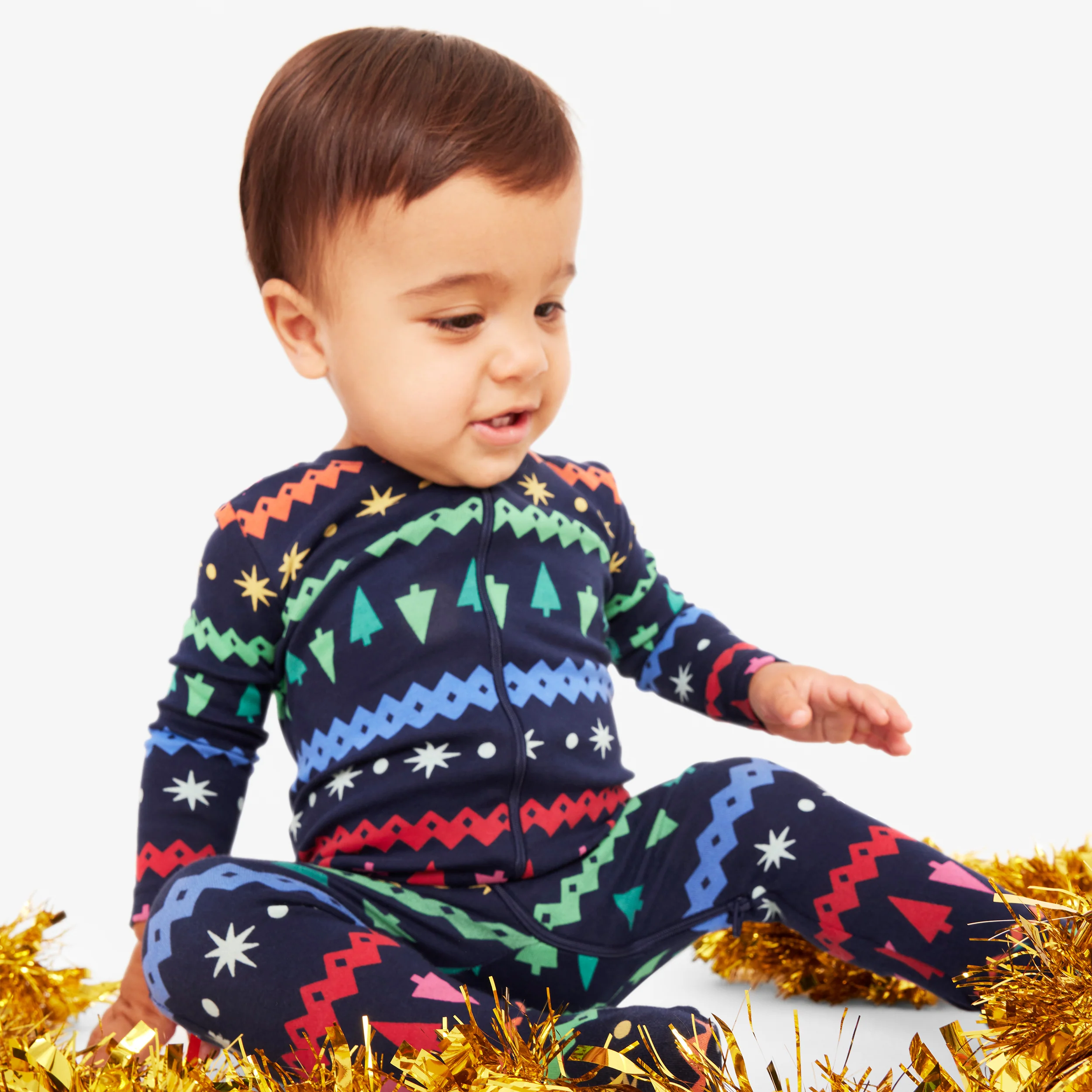 Baby organic zip footie in festive fair isle