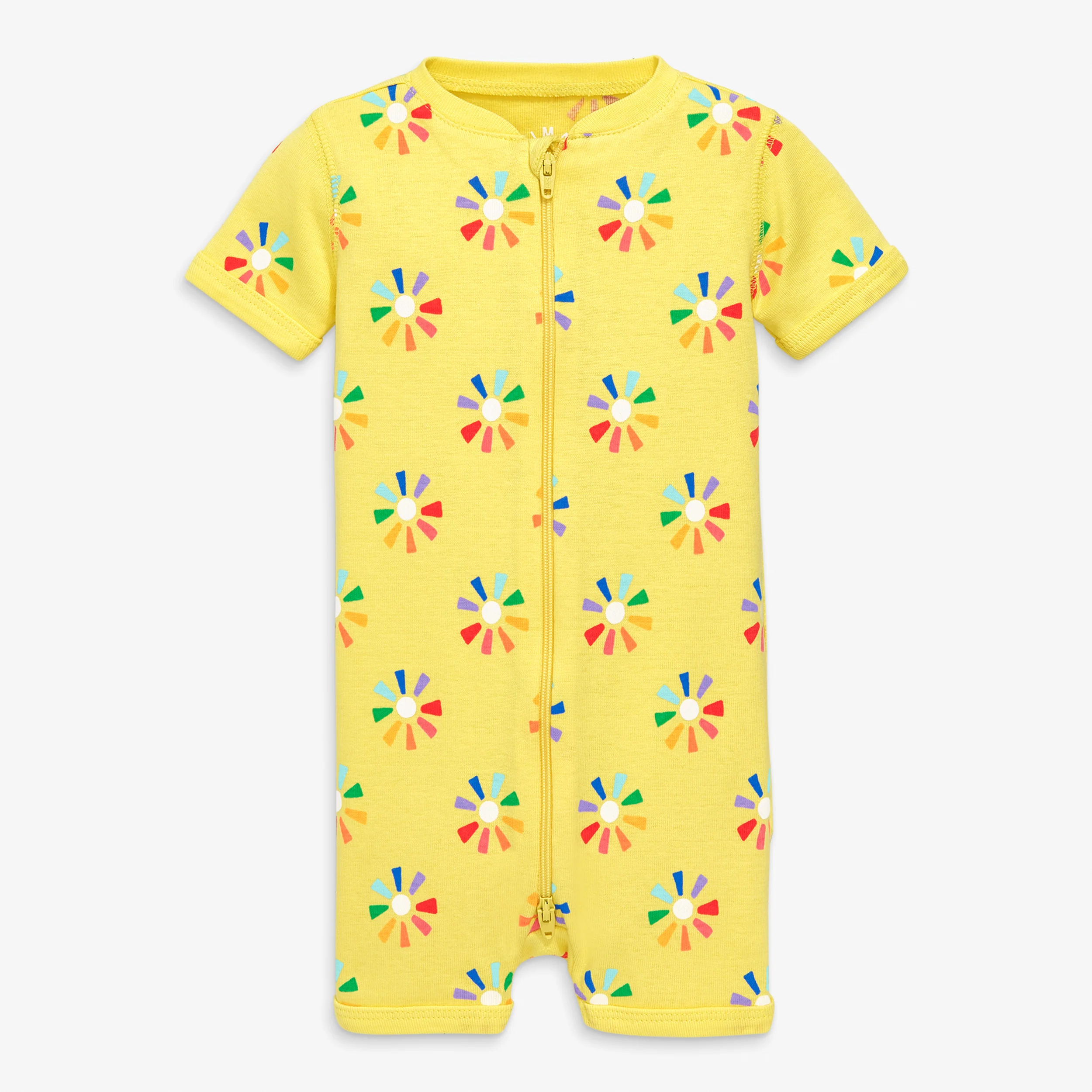 Baby organic short sleeve zip romper in rainbow cutout suns