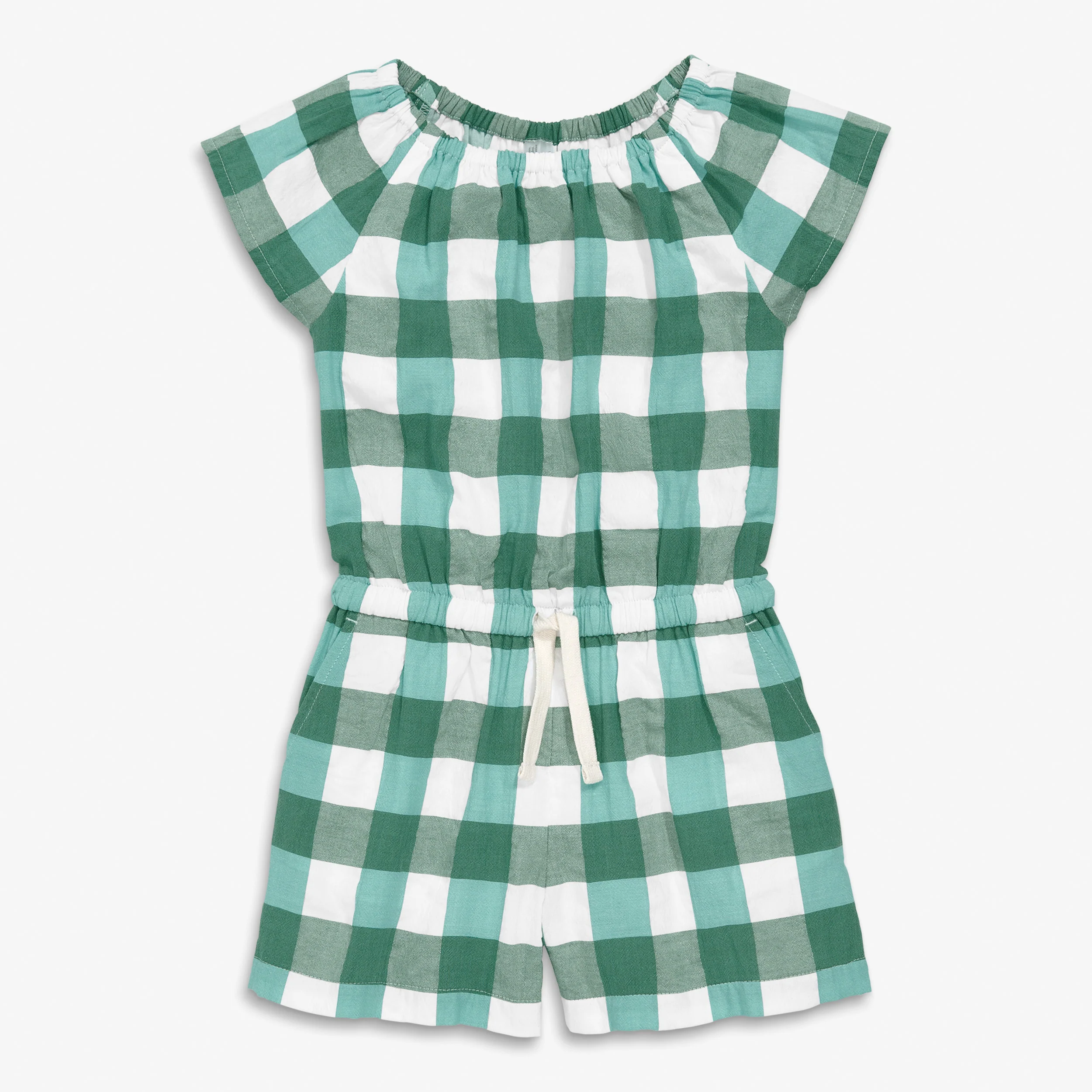 Kids drawstring romper in gingham