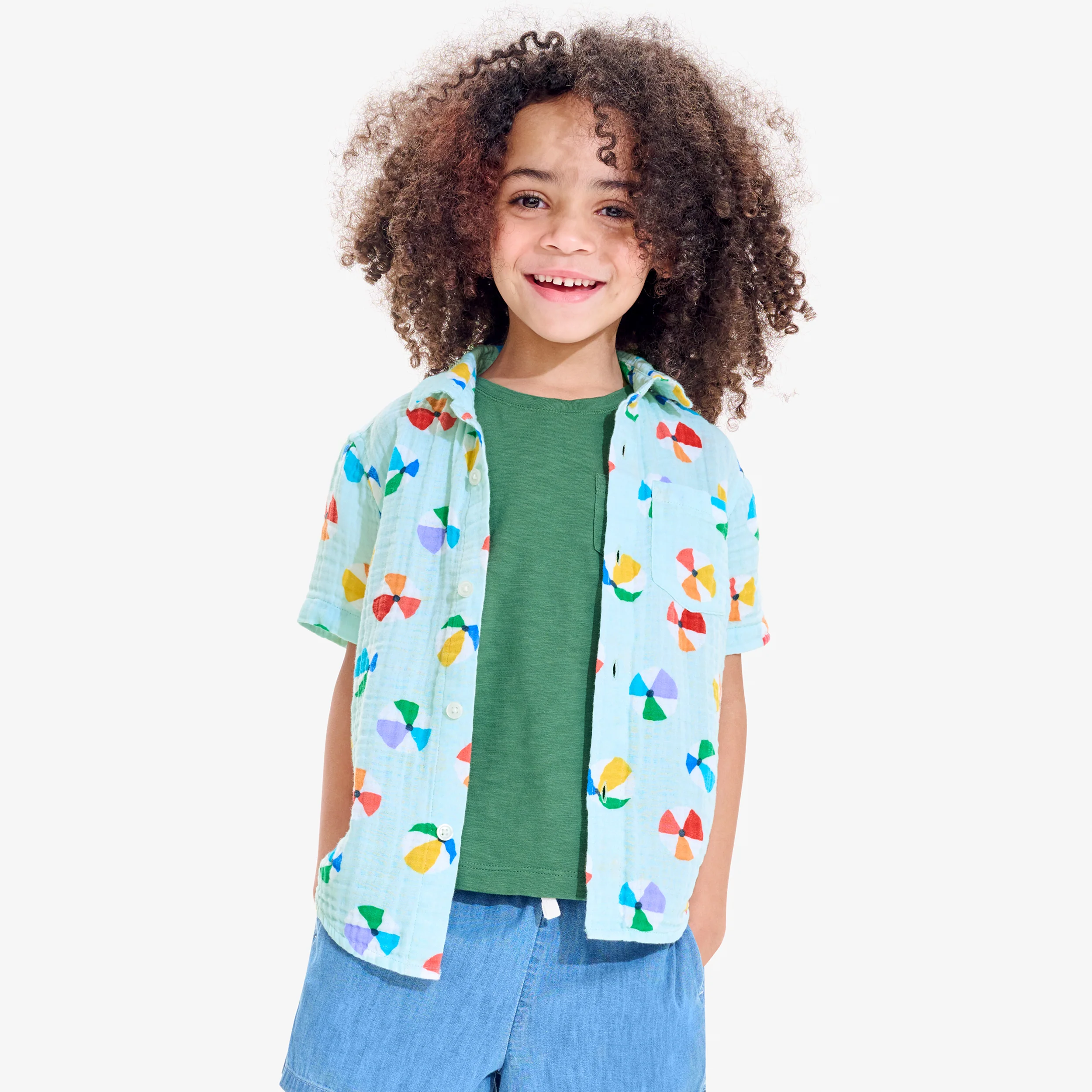 Kids cotton gauze short sleeve button down in rainbow beach balls