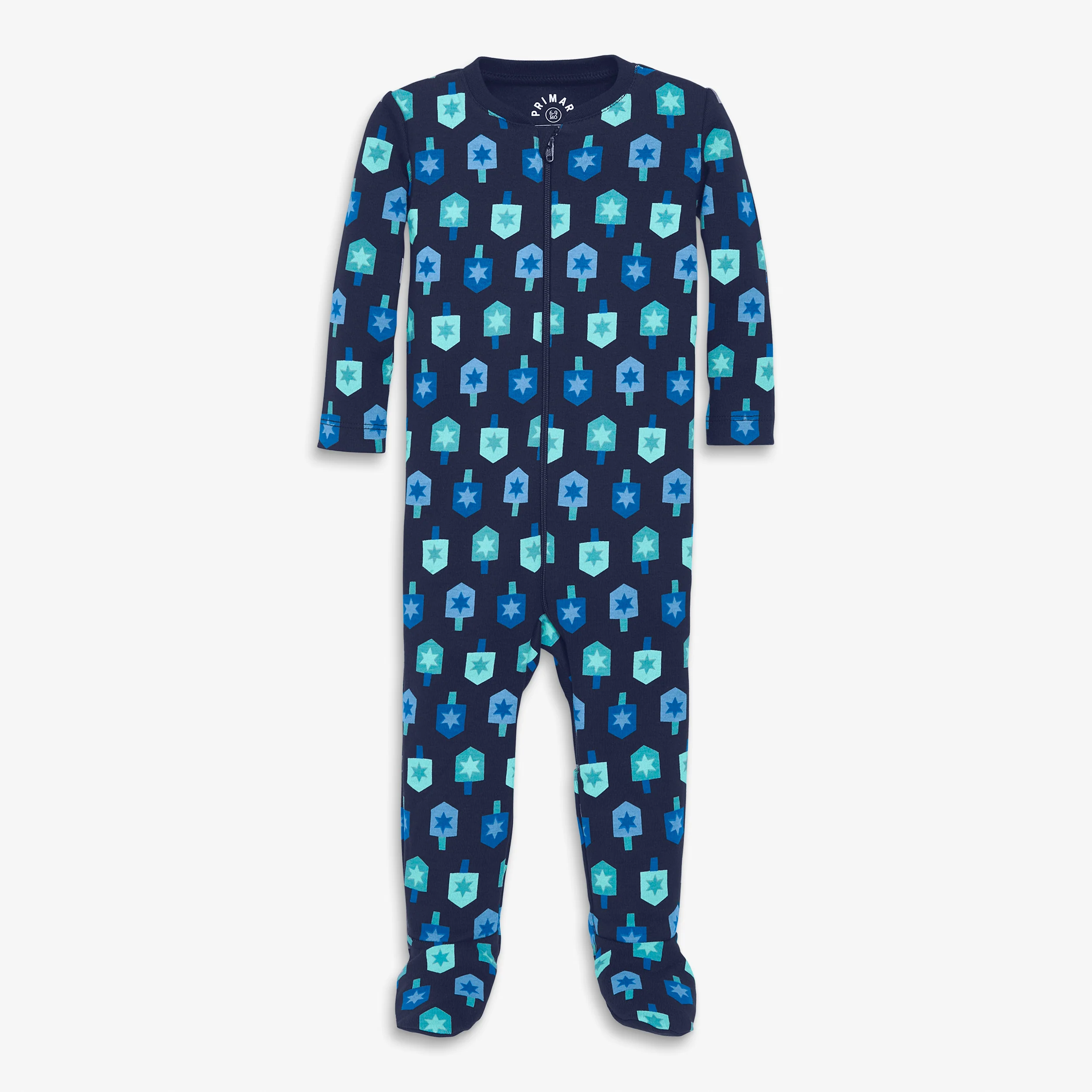 Baby organic zip footie in spinning dreidels