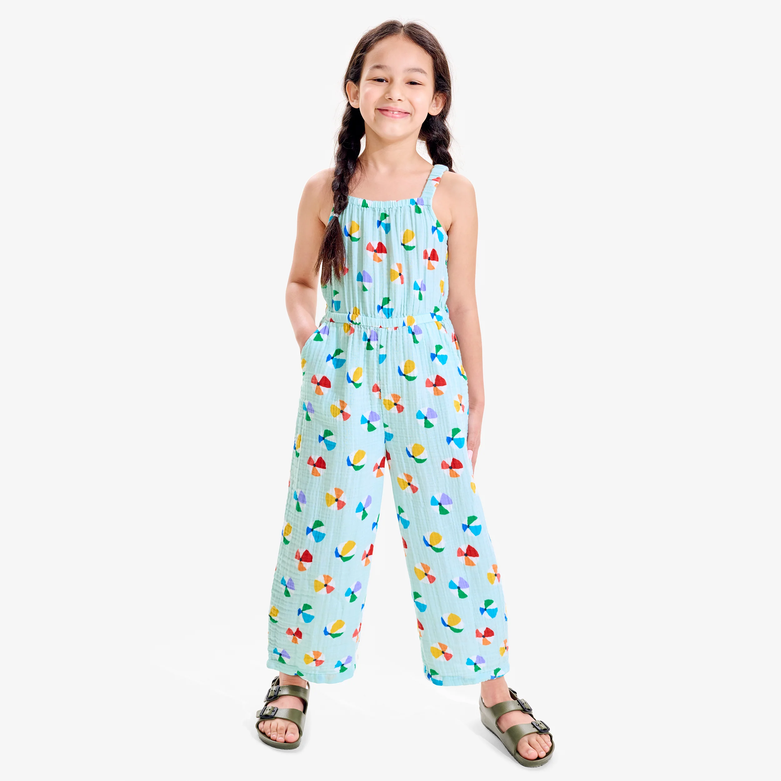 Kids cotton gauze tank jumpsuit in rainbow beach balls