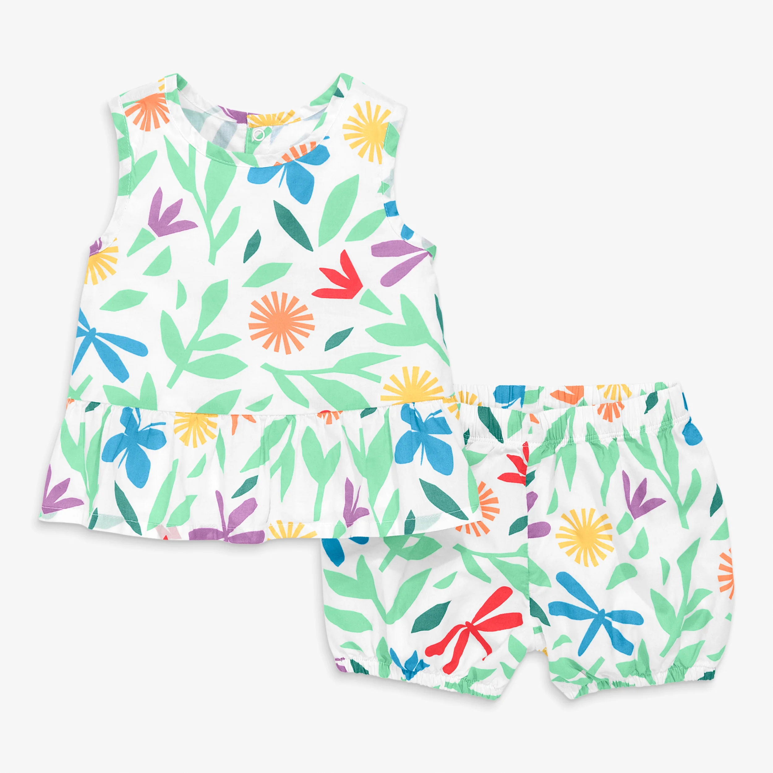 Baby woven tank & bubble short set in bright backyard