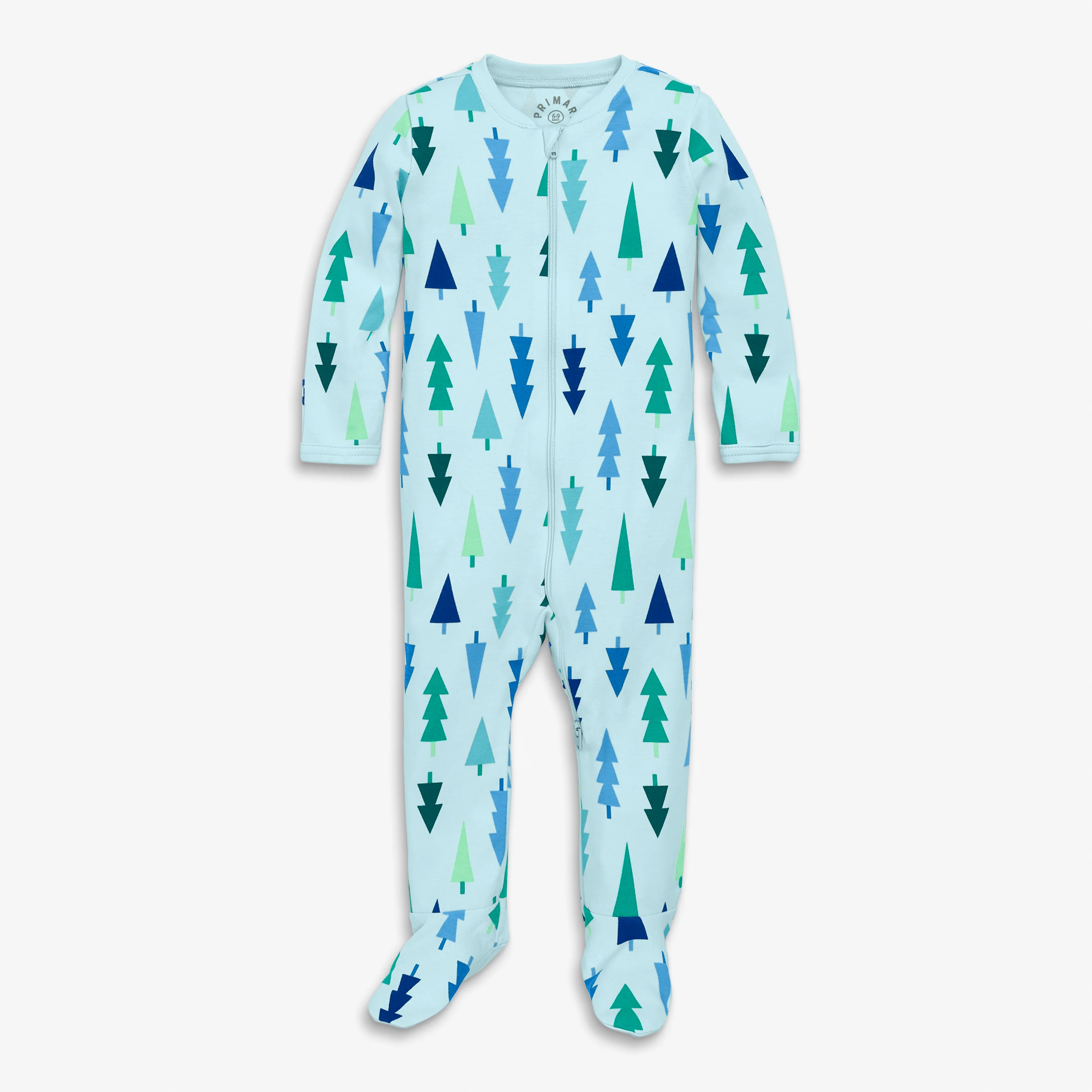 Baby organic zip footie in frosty trees