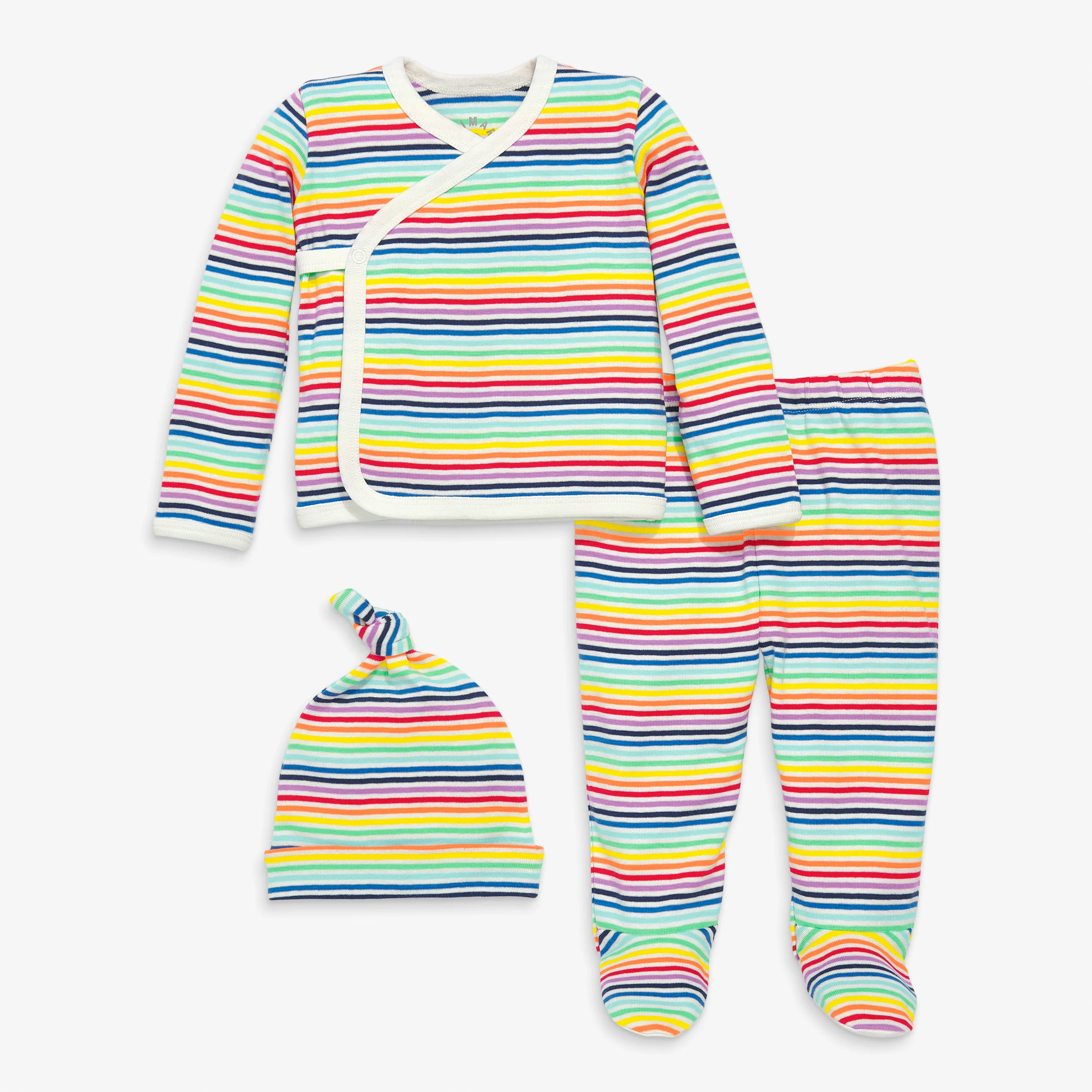 Baby three-piece gift set in mini rainbow stripe