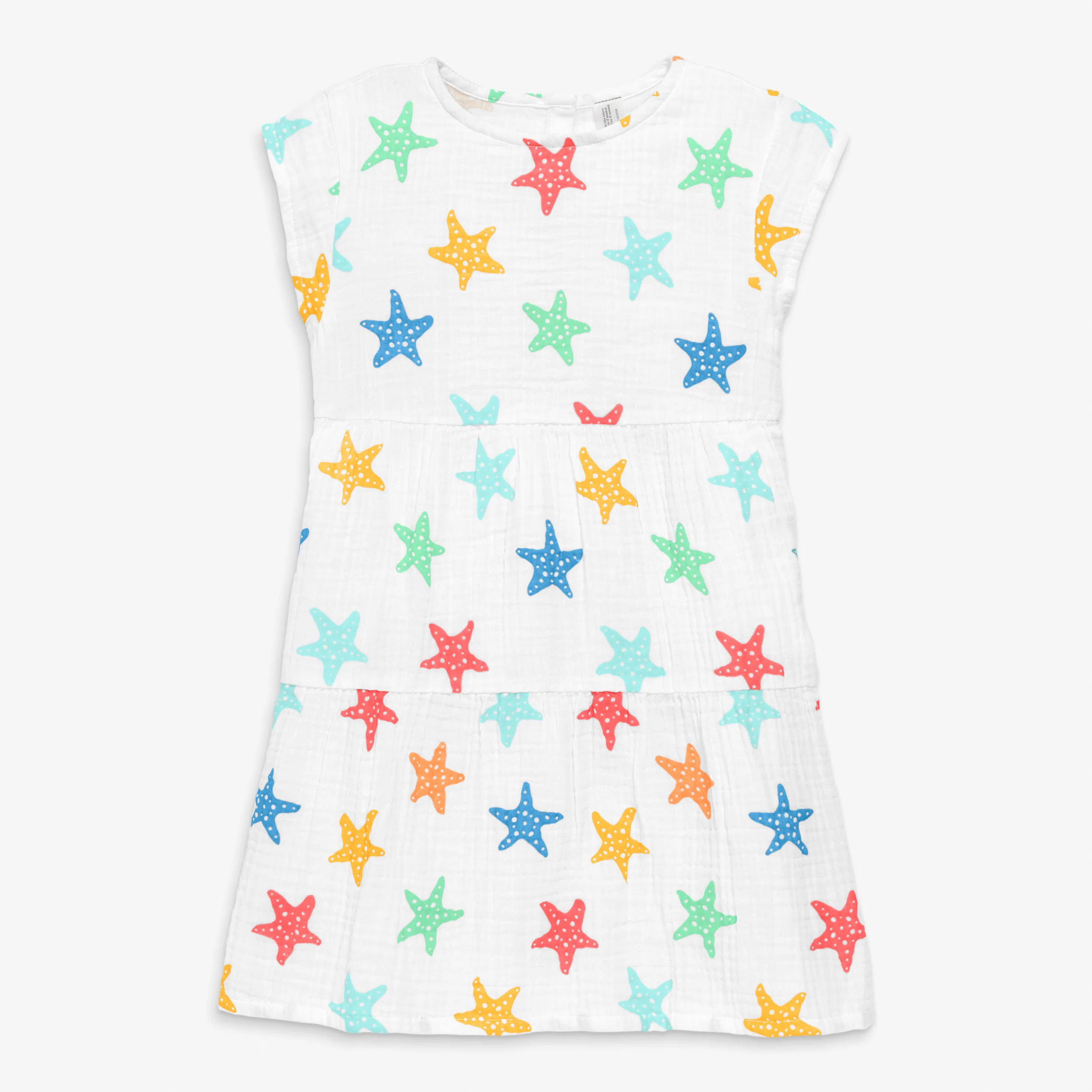 Kids cotton gauze tiered dress in rainbow starfish