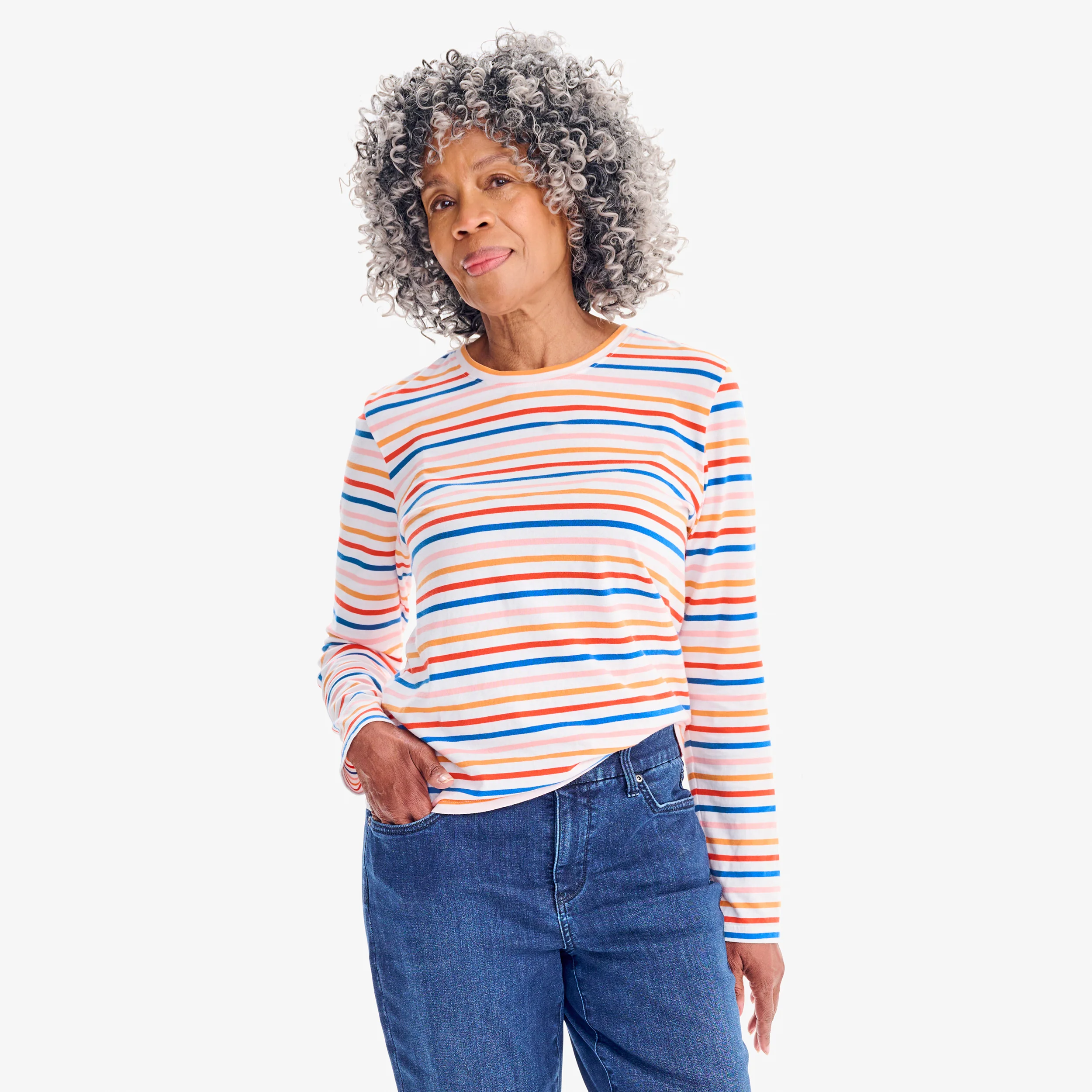 Adult long sleeve multi-stripe tee (women's fit)