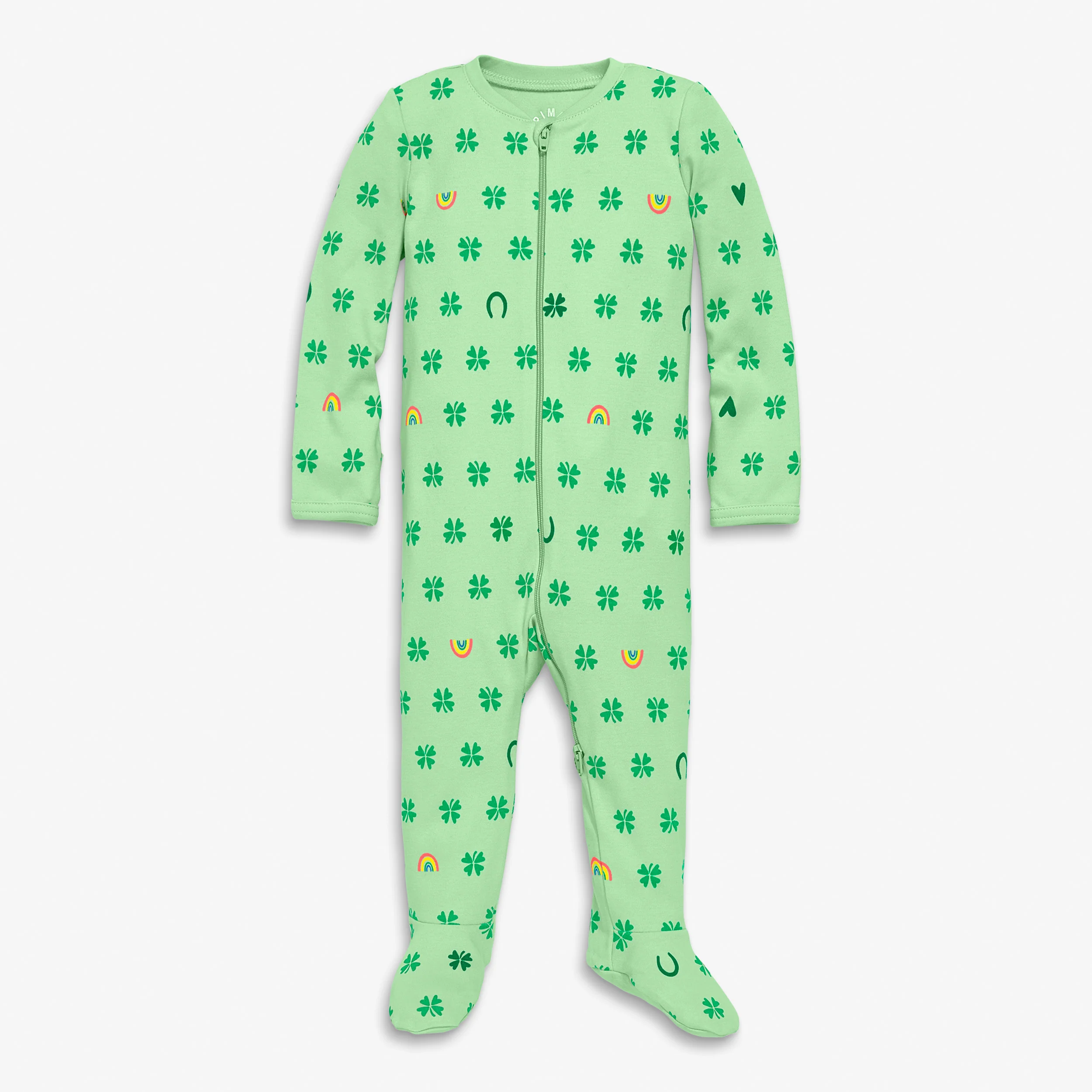 Baby organic zip footie in good luck charms