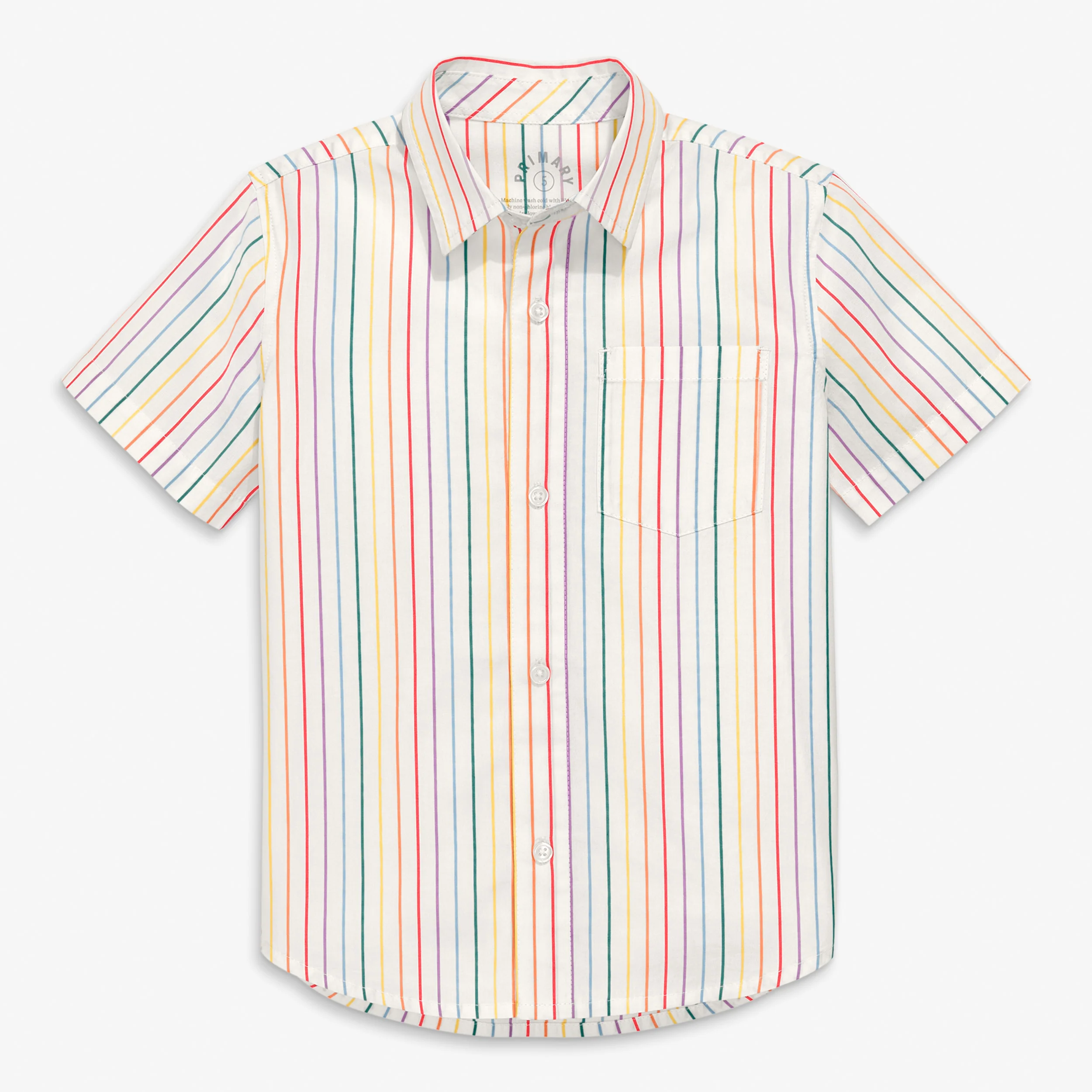 Kids short sleeve button down in rainbow pinstripe