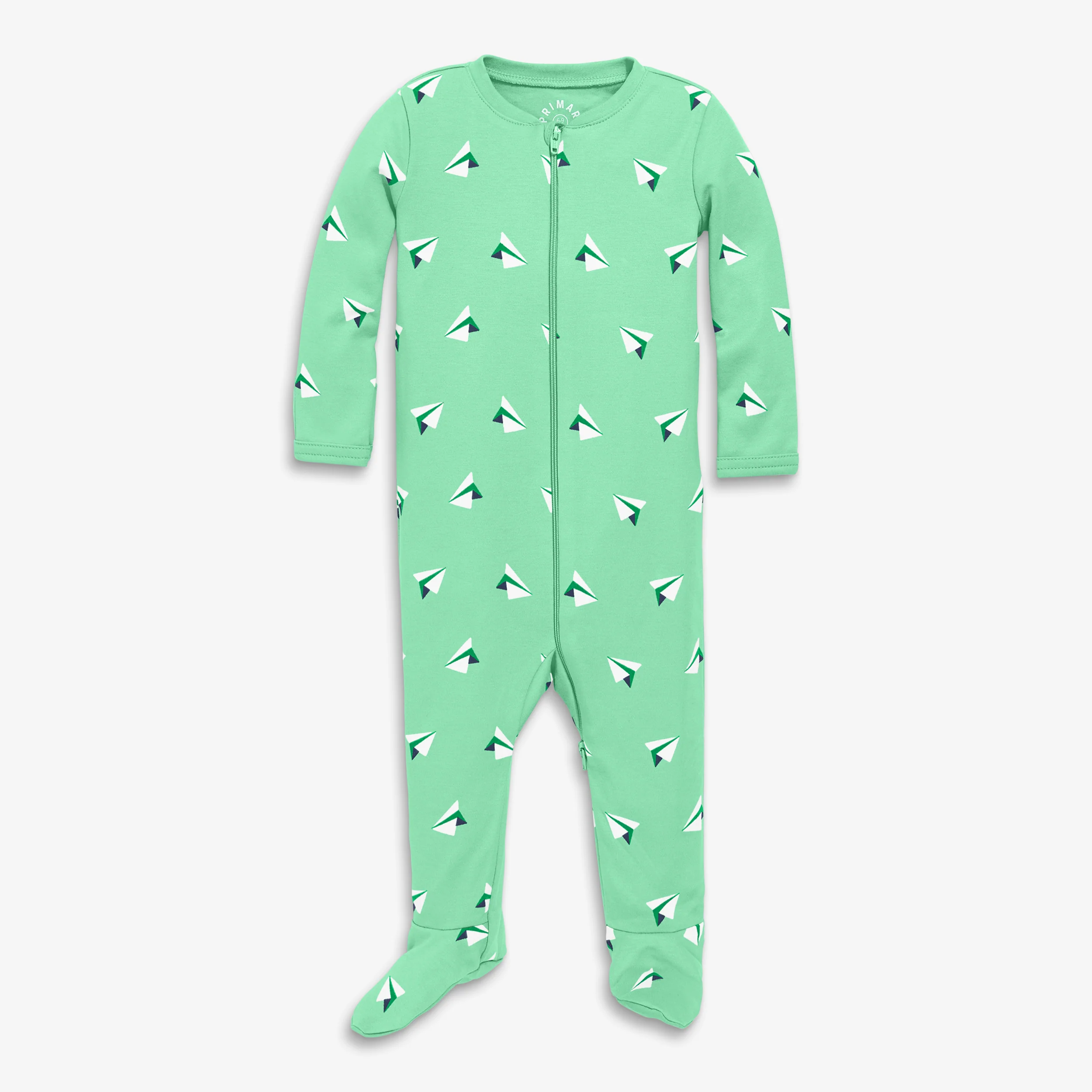Baby organic zip footie in mini paper planes