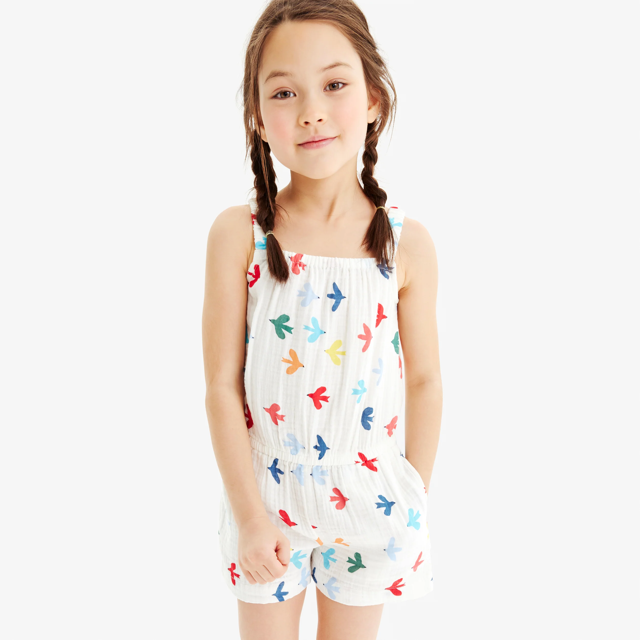 Kids gauze tank romper in rainbow birds
