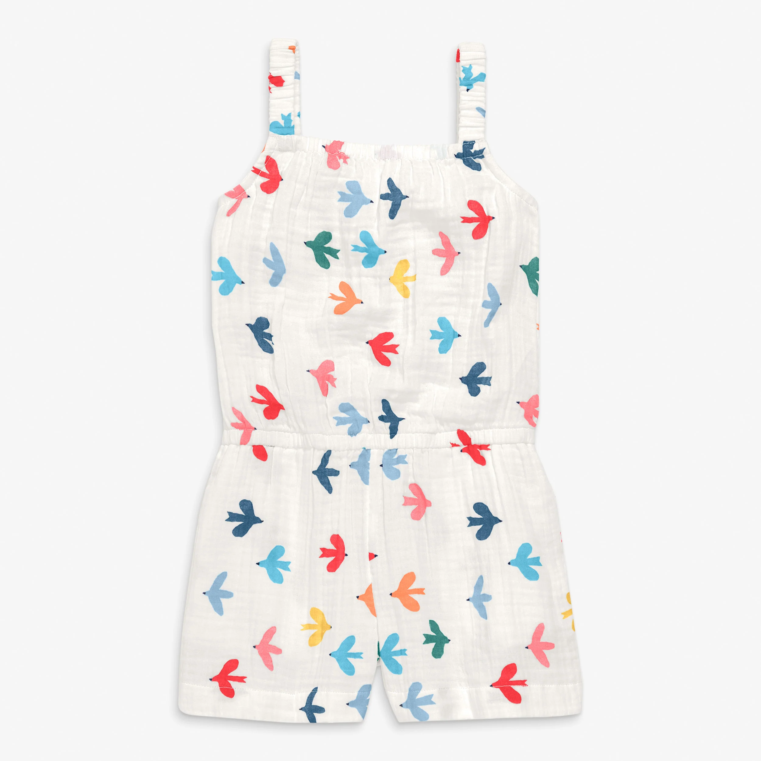 Kids gauze tank romper in rainbow birds