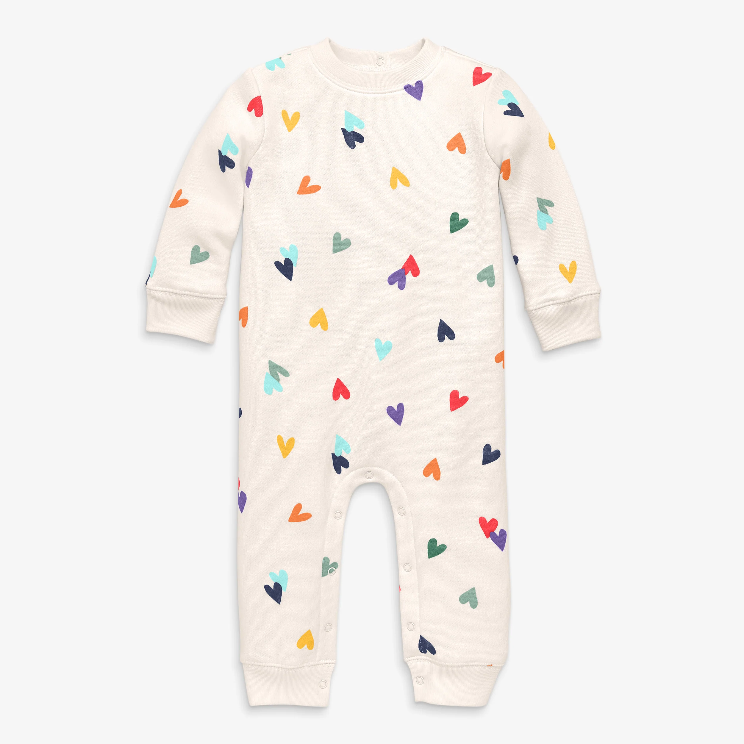 Baby cozy fleece sweatshirt romper in rainbow confetti hearts