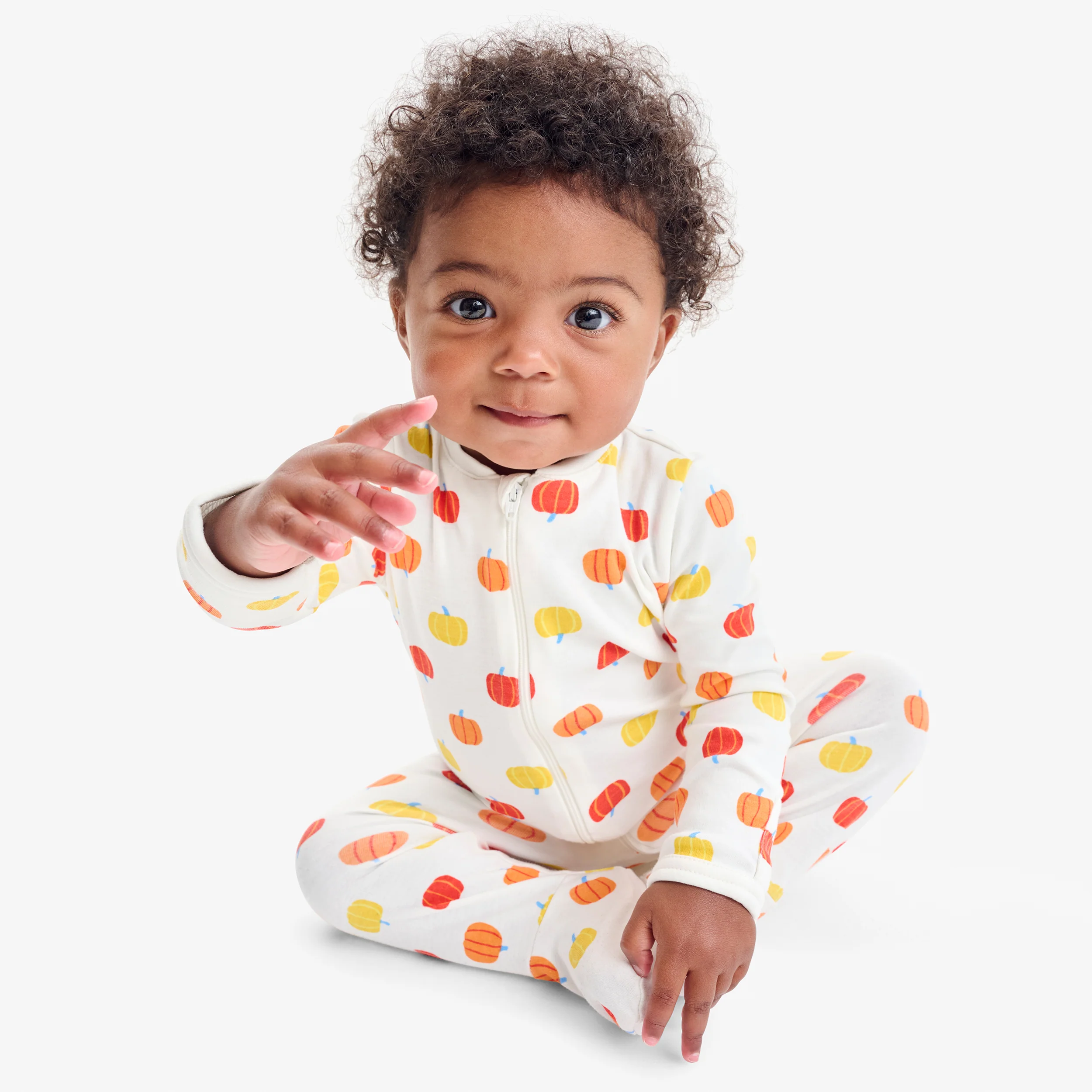 Baby organic zip footie in candy pumpkins