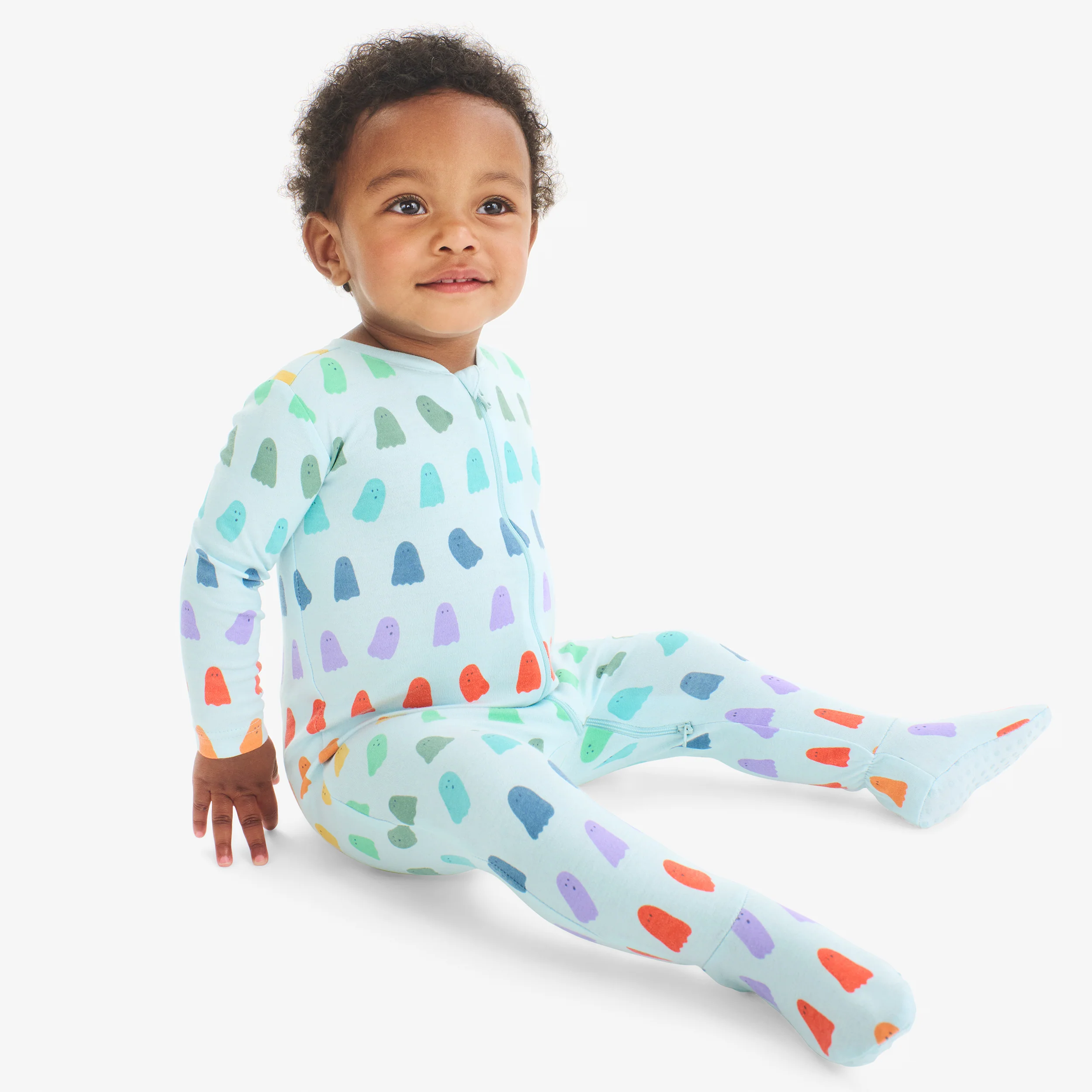 Baby organic zip footie in rainbow ghosts