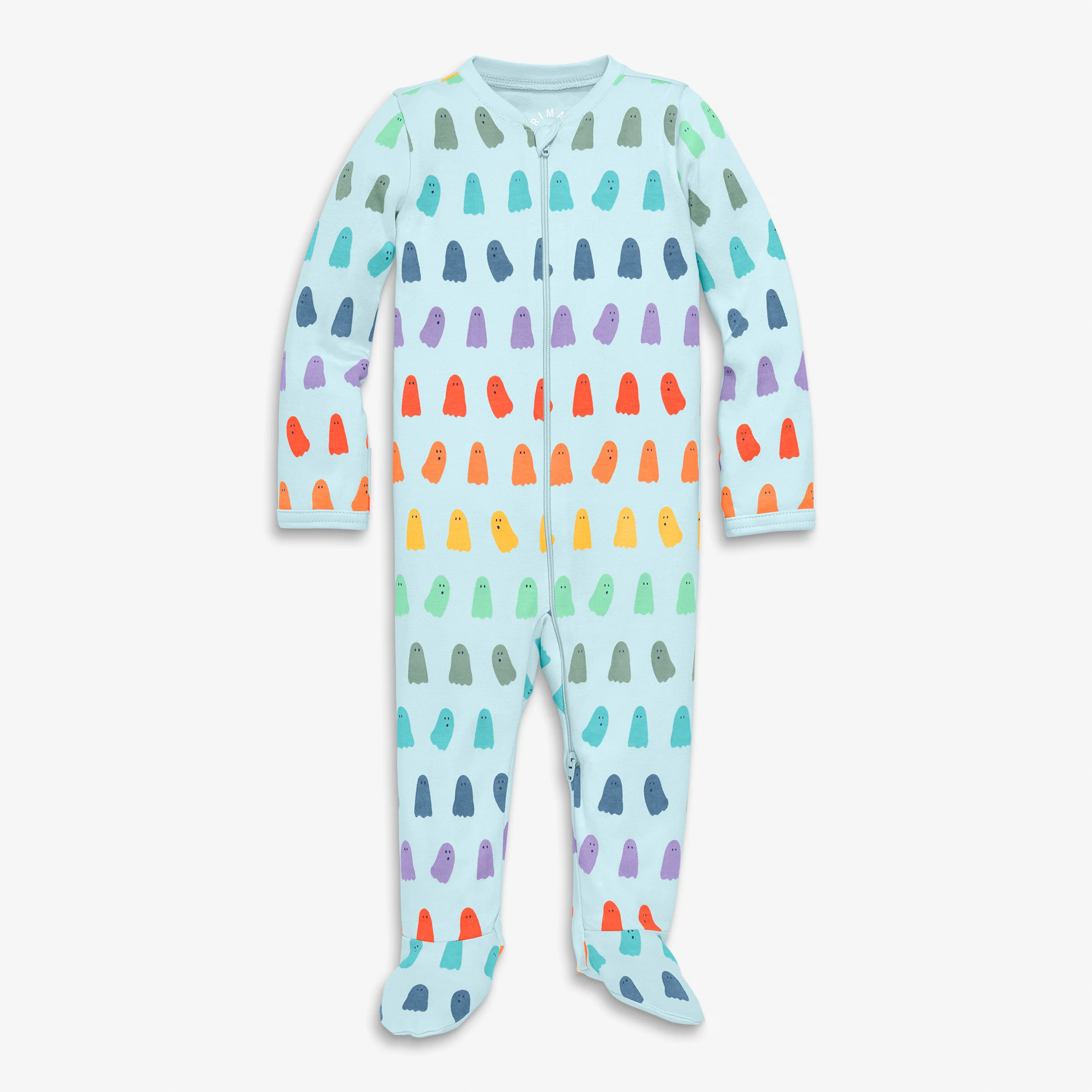 Baby organic zip footie in rainbow ghosts