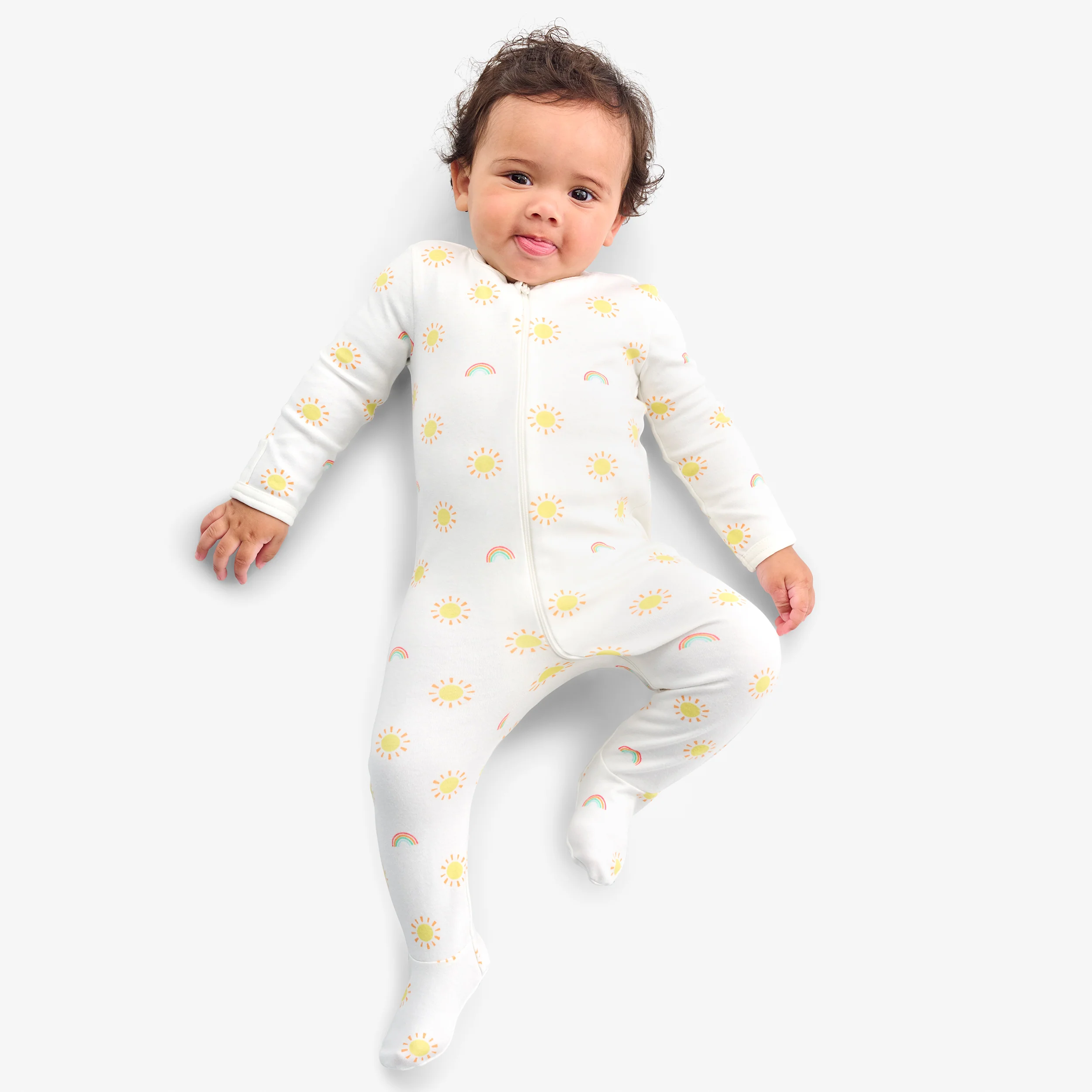 Baby organic zip footie in sunny day