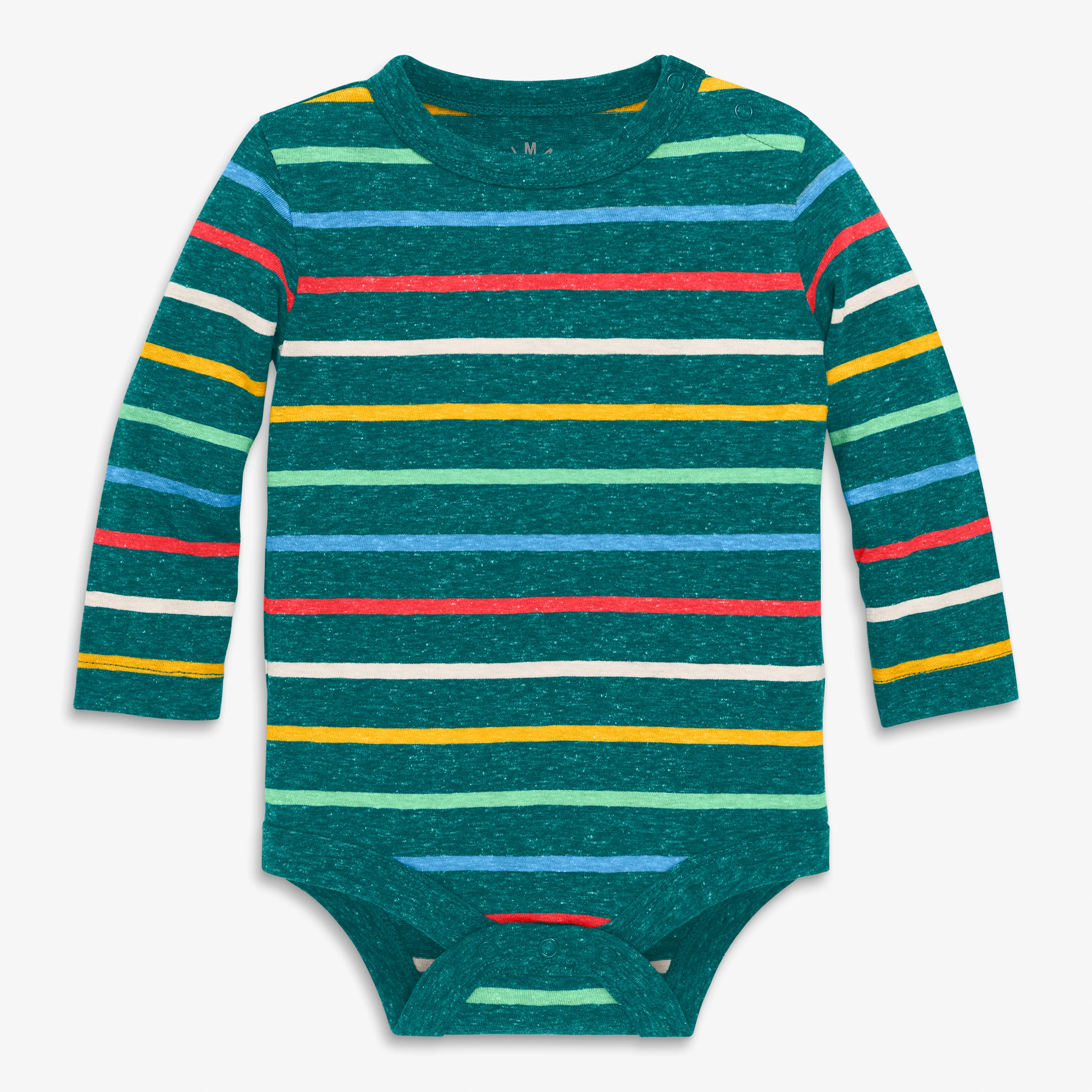 Heathered long sleeve babysuit in rainbow stripe