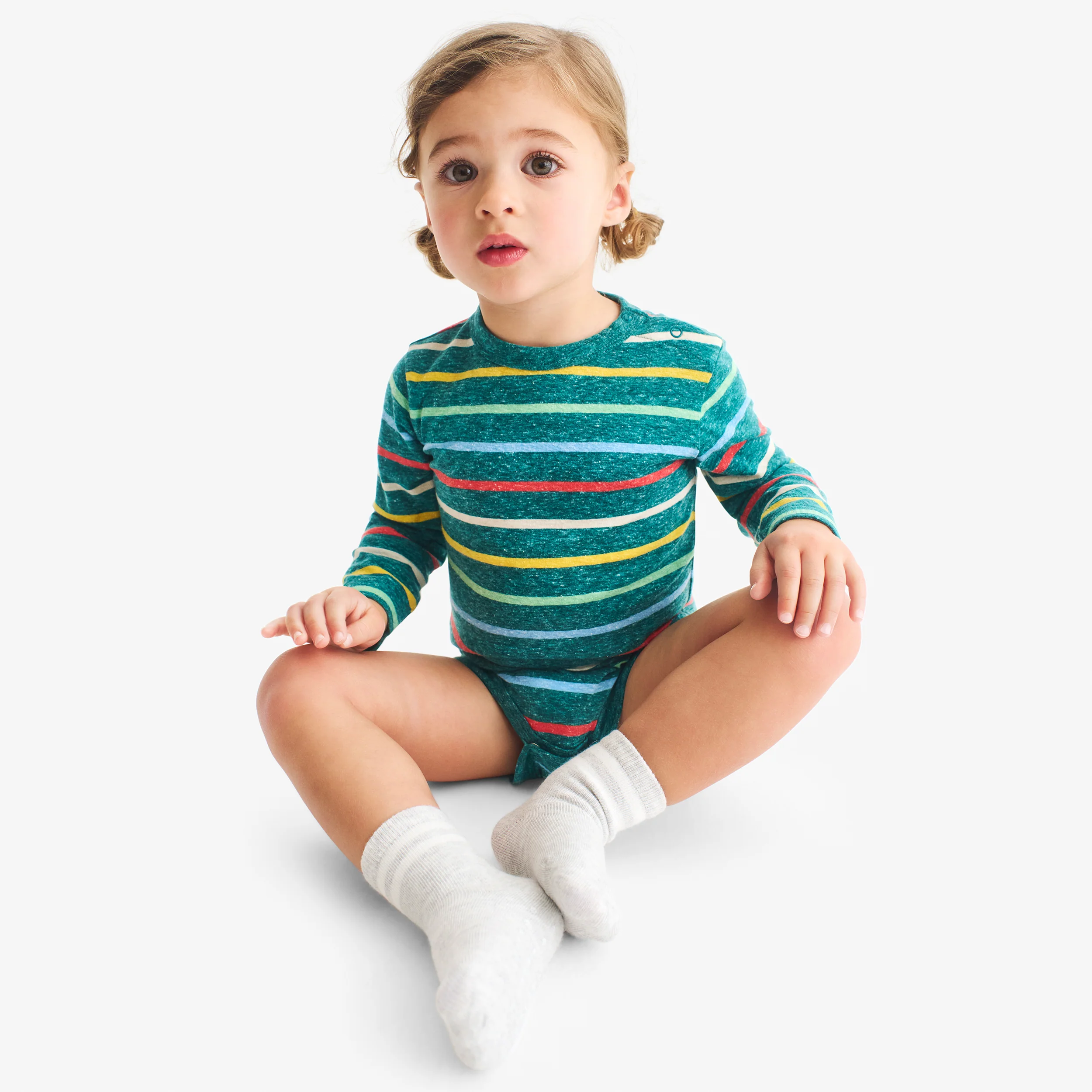 Heathered long sleeve babysuit in rainbow stripe