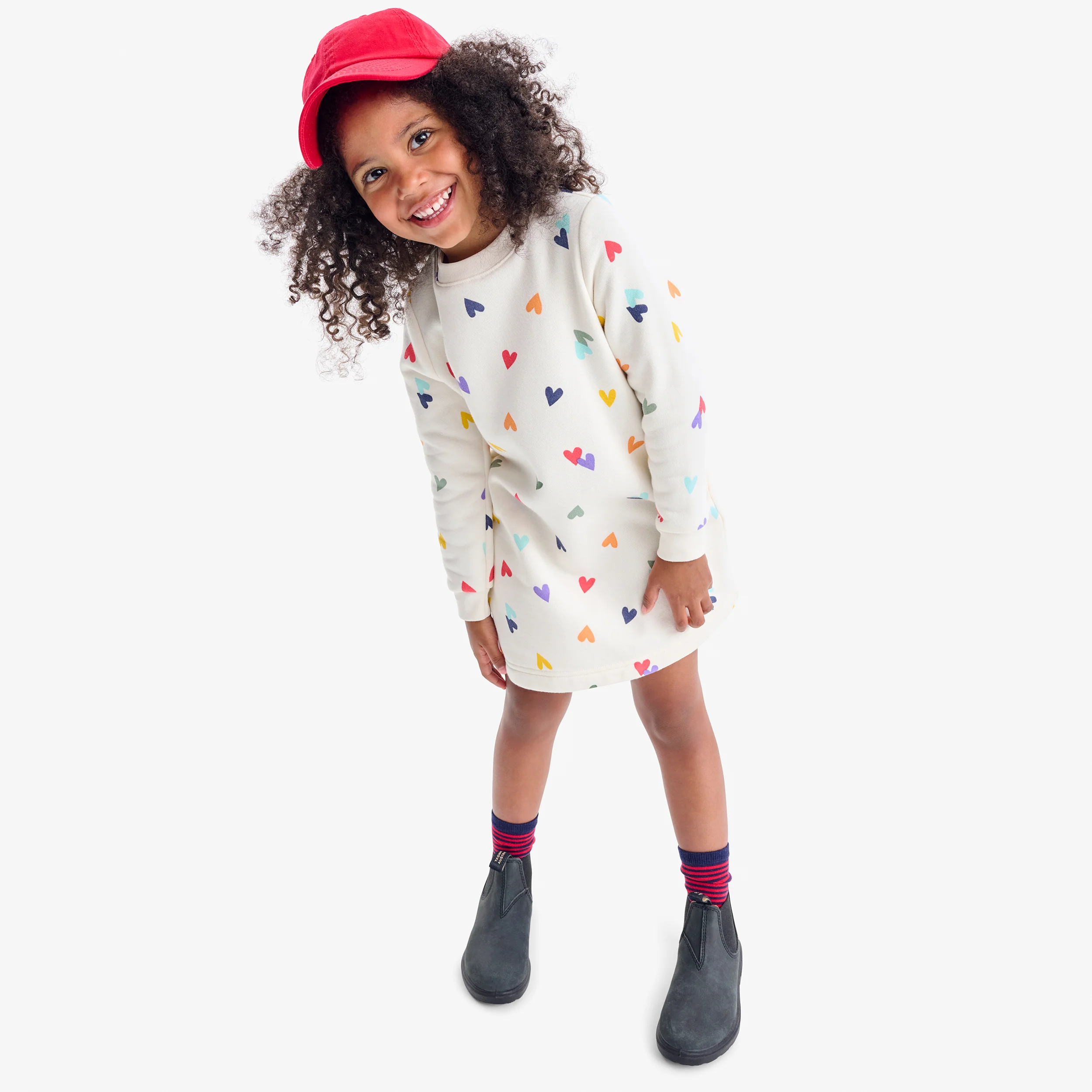 Kids cozy fleece dress in rainbow confetti hearts