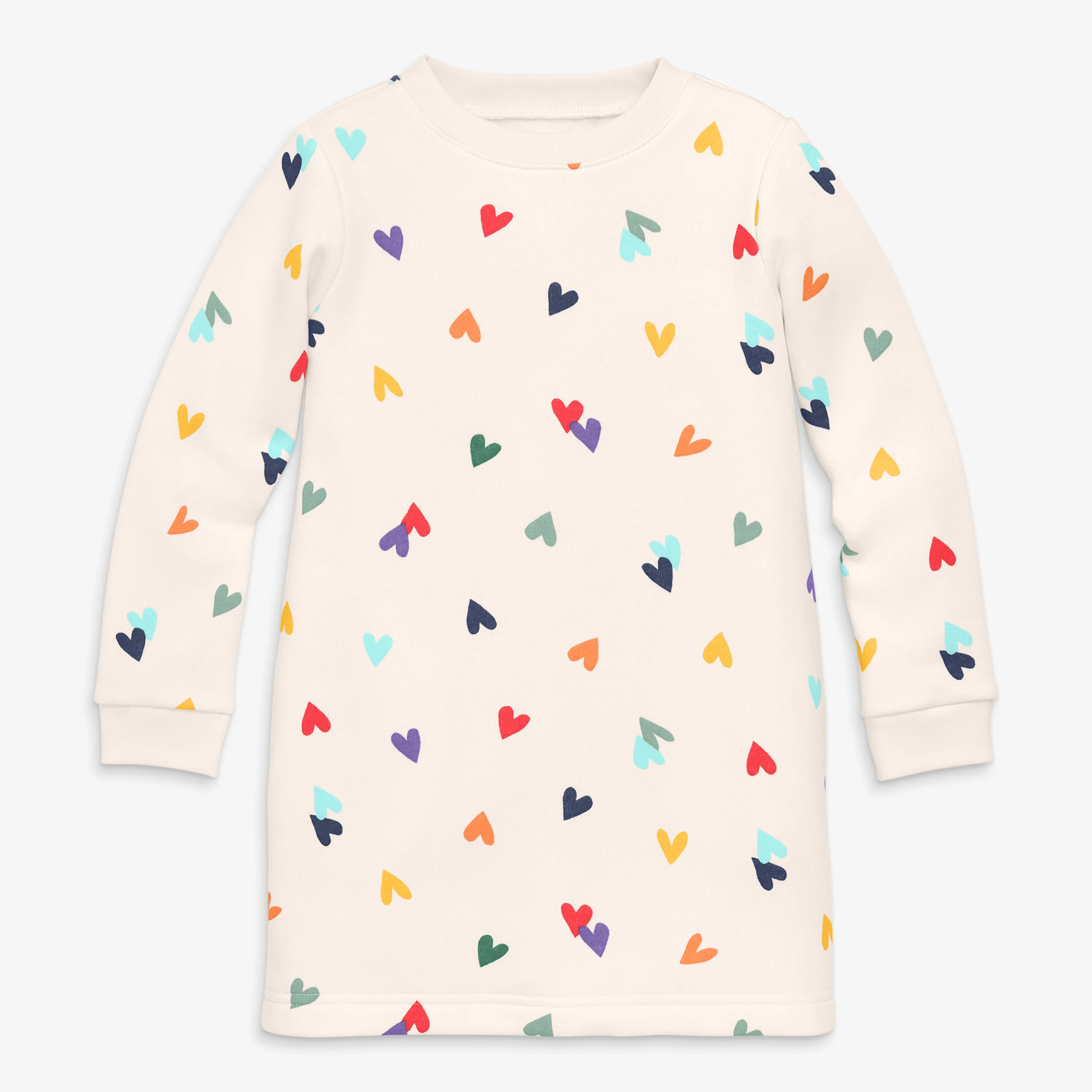 Kids cozy fleece dress in rainbow confetti hearts