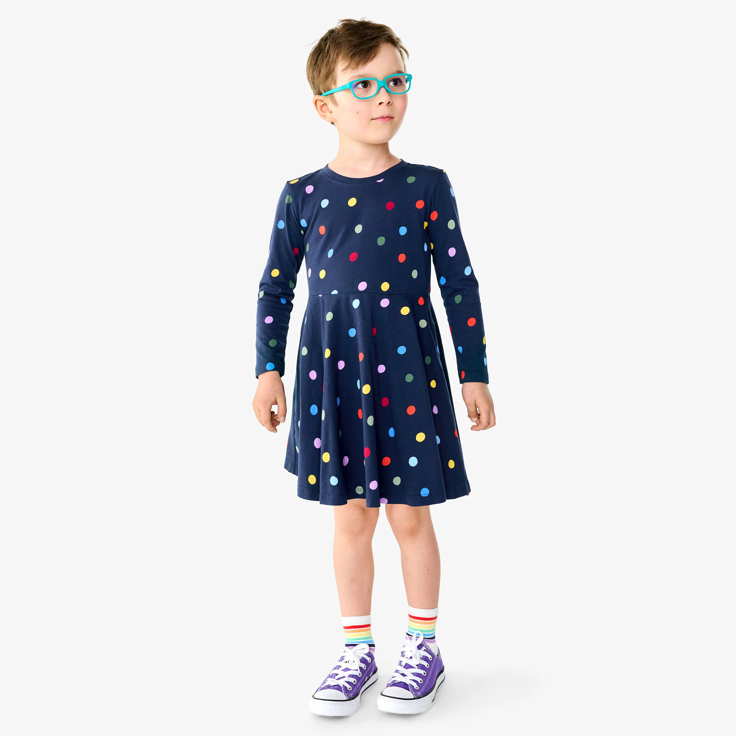 Kids long sleeve twirly dress in confetti dots