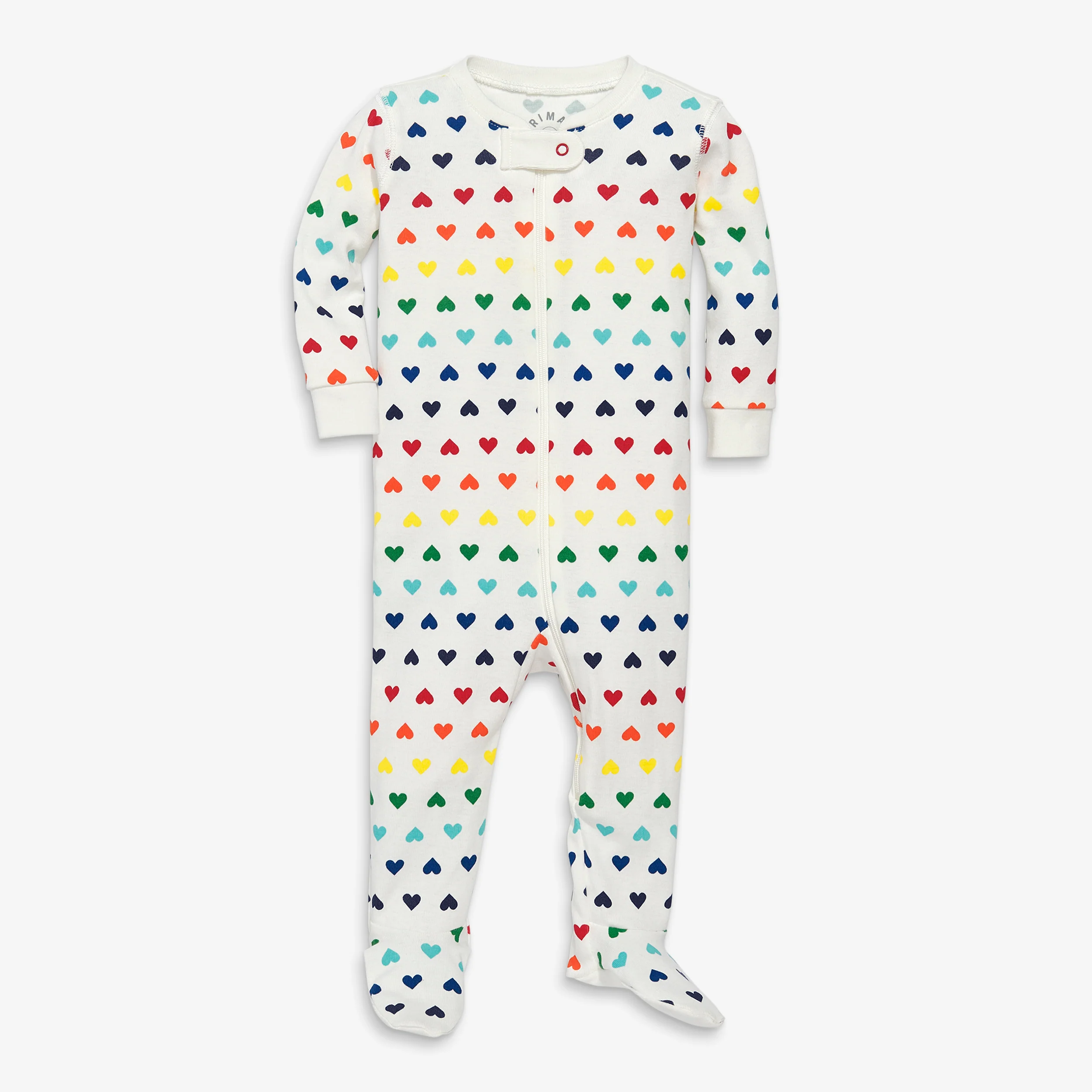 Baby organic zip footie in rainbow heart